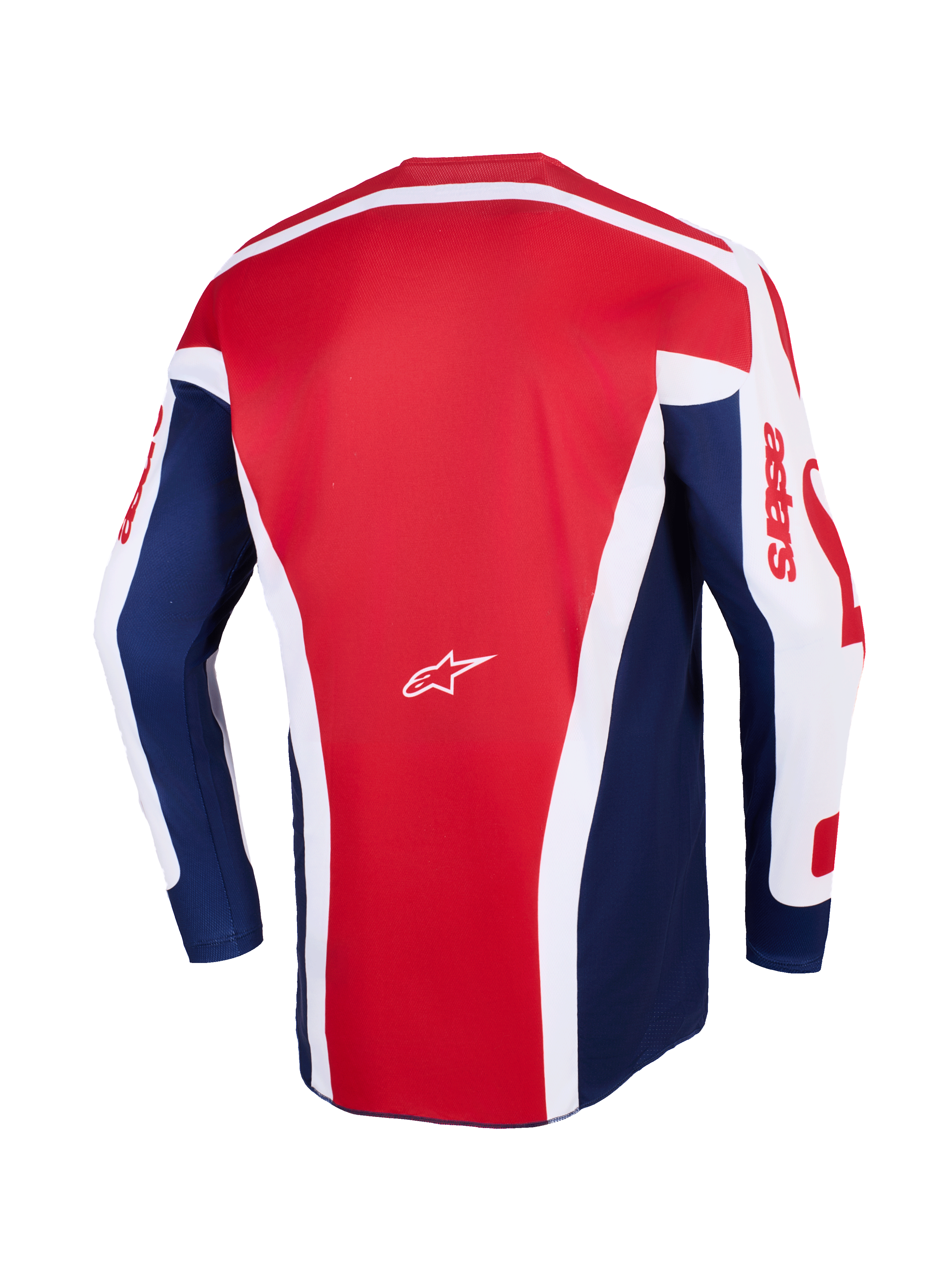 Alpinestars 2026 Racer Riway Trikot, Motocross-Trikot, Weiß Blau Rot, Rückansicht mit einem großen roten Mittelpanel mit weißen eckigen Akzenten, blauen Seitenbahnen und weißen Ärmeln mit rotem Astars-Branding, sowie einem kleinen weißen Alpinestars-Logo in der Mitte.