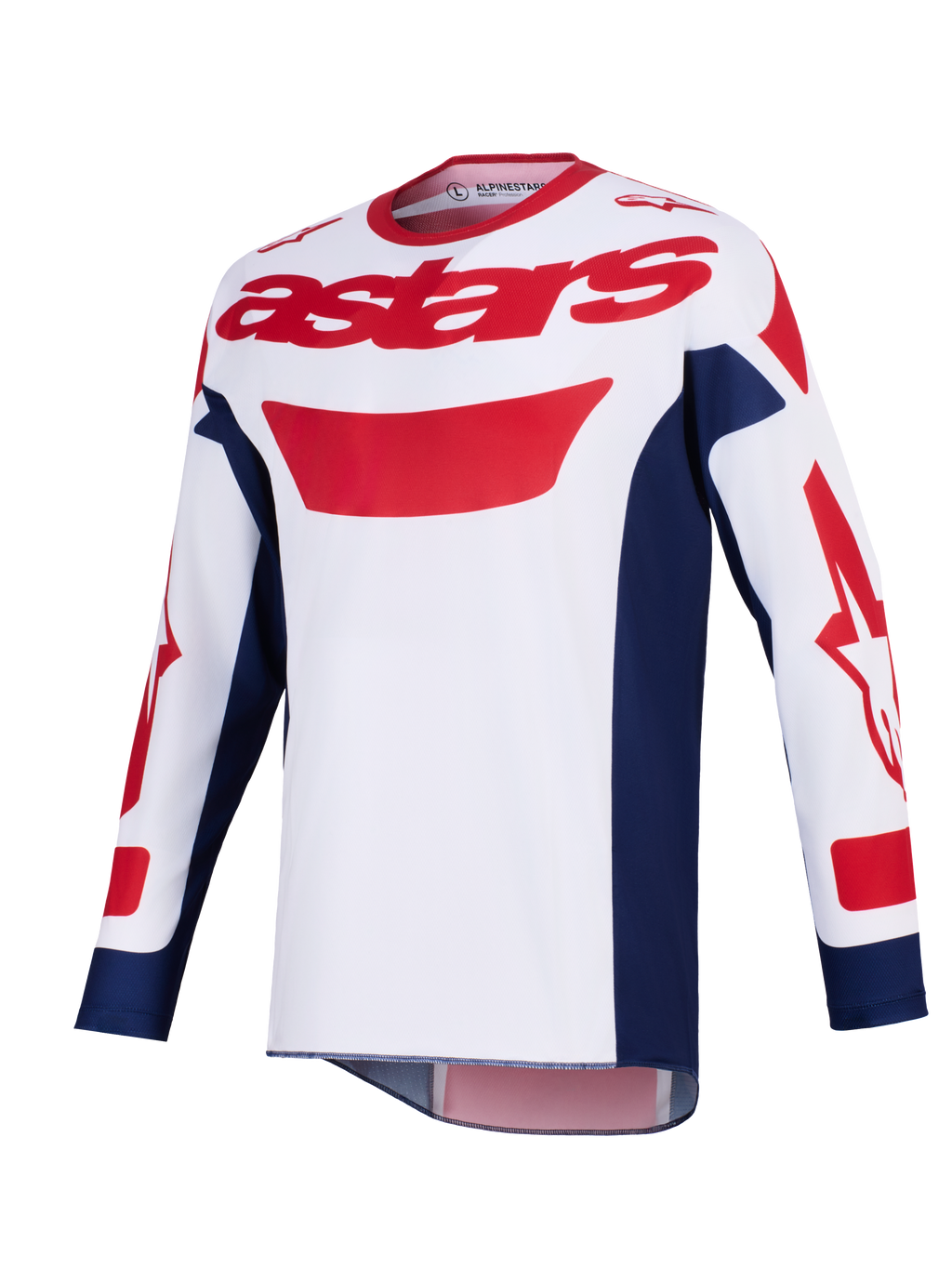 Alpinestars 2026 Racer Riway Trikot, Motocross-Trikot, Weiß, Blau und Rot, rotes Astars-Logo auf der Brust, marineblaue Seiteneinsätze, lange Ärmel mit roten Grafiken, Performance-Offroad-Ausrüstung