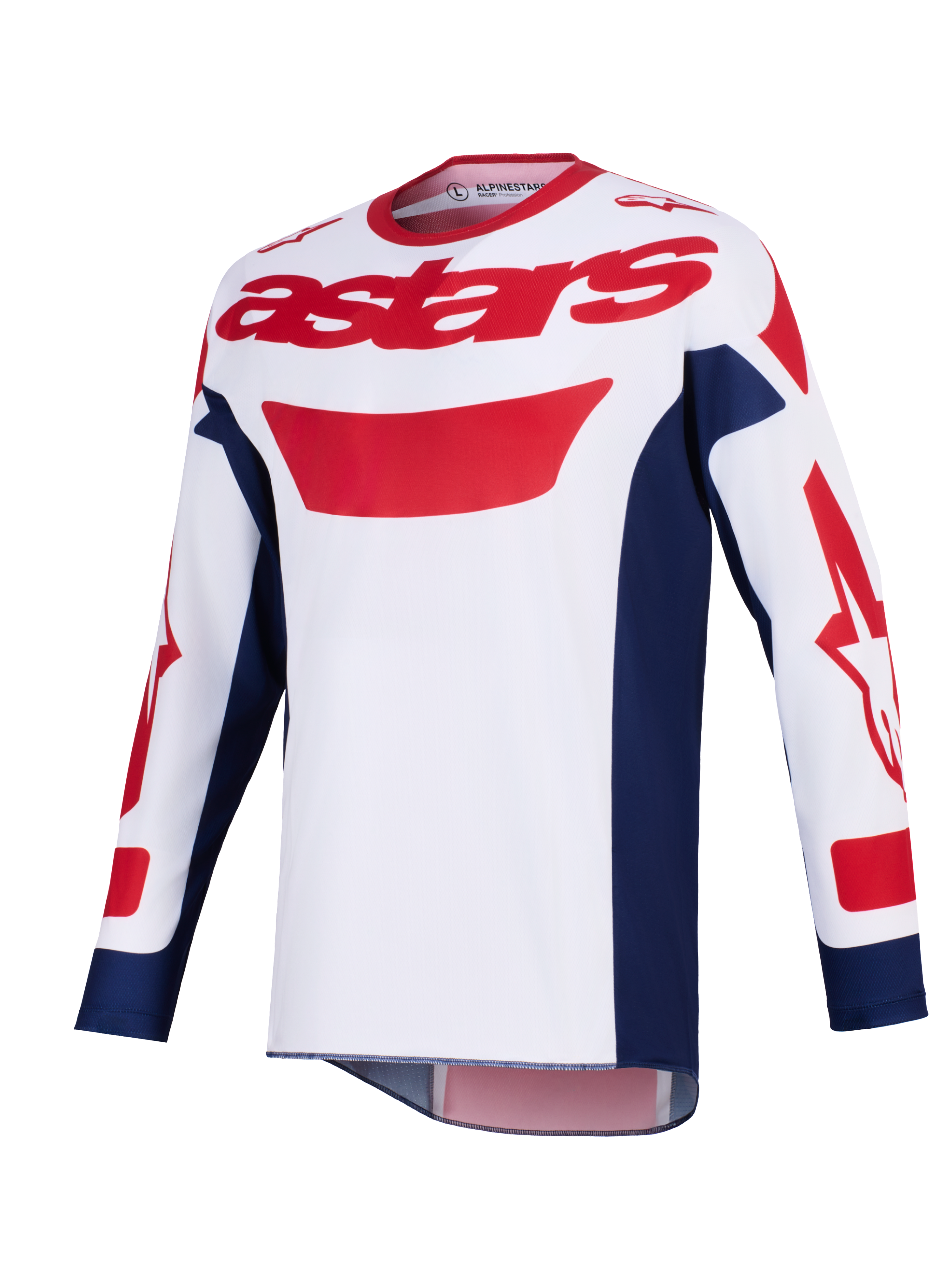 Alpinestars 2026 Racer Riway Trikot, Motocross-Trikot, Weiß, Blau und Rot, rotes Astars-Logo auf der Brust, marineblaue Seiteneinsätze, lange Ärmel mit roten Grafiken, Performance-Offroad-Ausrüstung