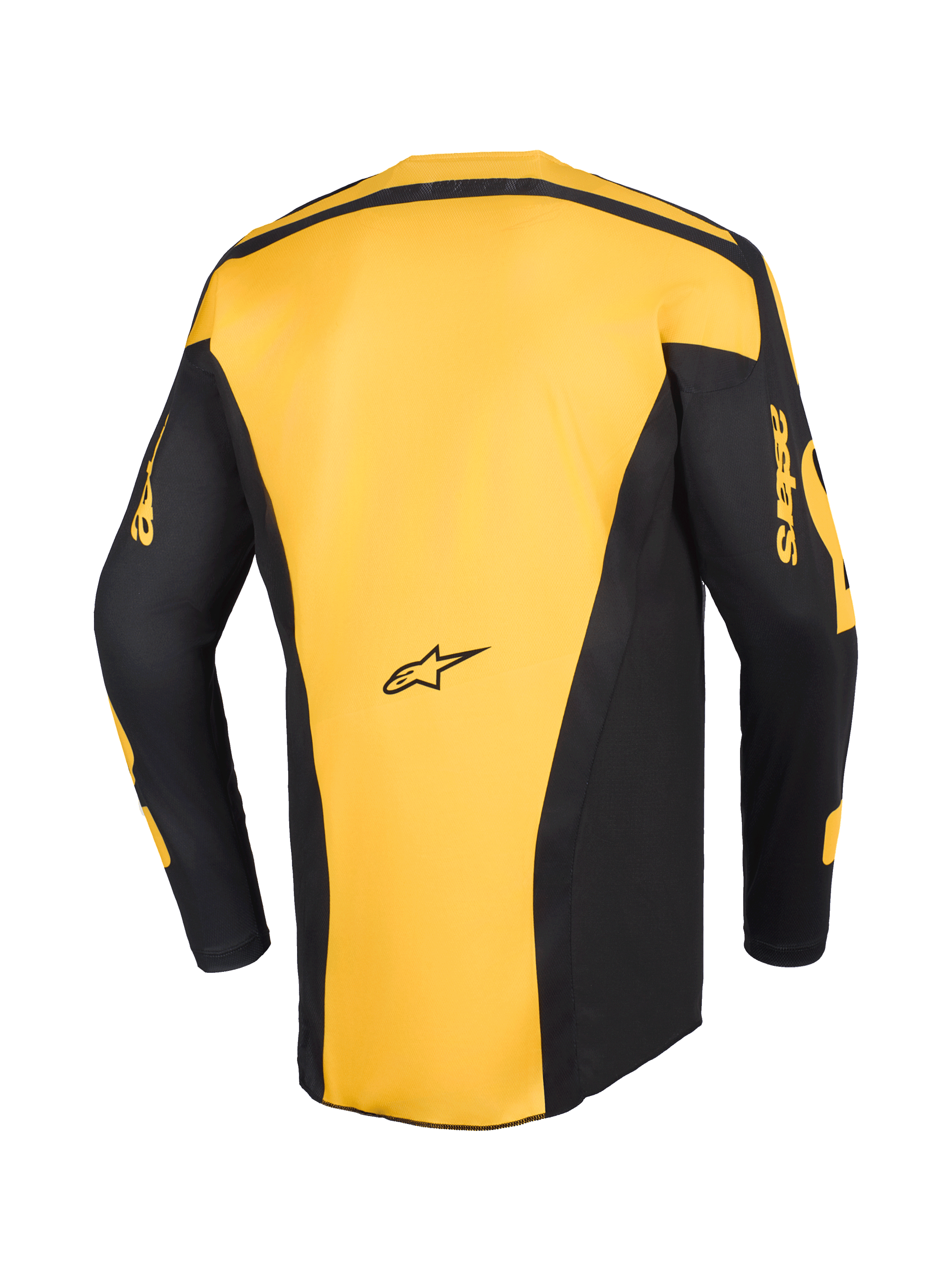 Alpinestars 2026 Racer Riway Jersey, maillot de motocross, jaune et noir, vue arrière montrant le panneau central jaune et les manches noires avec marquage 'astars' jaune, conception ergonomique pour la course tout-terrain