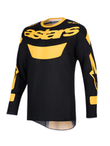 Maillot Alpinestars Racer Riway 2026, maillot de motocross, jaune et noir, arborant un logo 'astars' jaune sur la poitrine, manches longues avec accents graphiques, construction légère en poly-tissu pour le pilotage tout-terrain