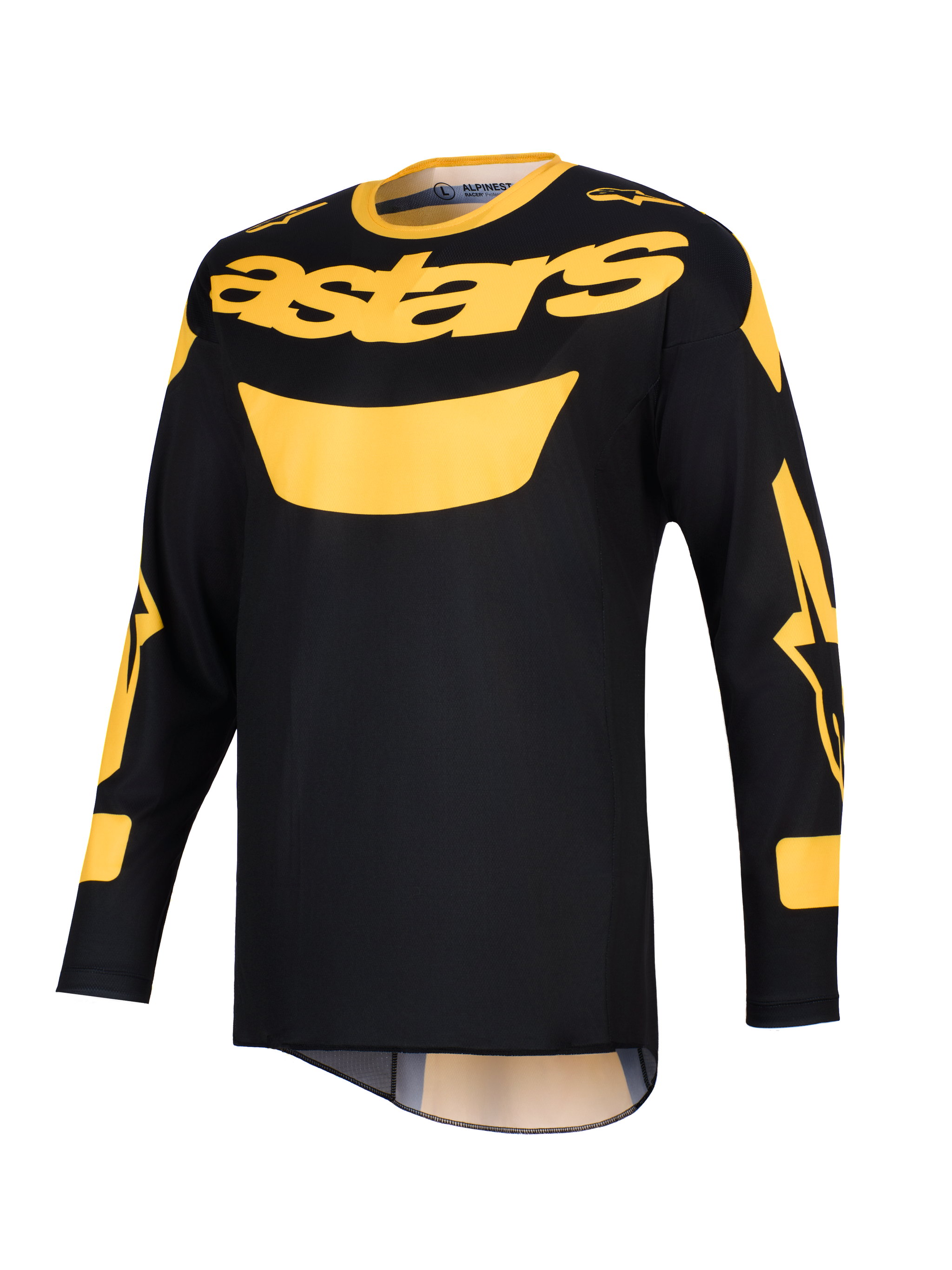 Maillot Alpinestars Racer Riway 2026, maillot de motocross, jaune et noir, arborant un logo 'astars' jaune sur la poitrine, manches longues avec accents graphiques, construction légère en poly-tissu pour le pilotage tout-terrain