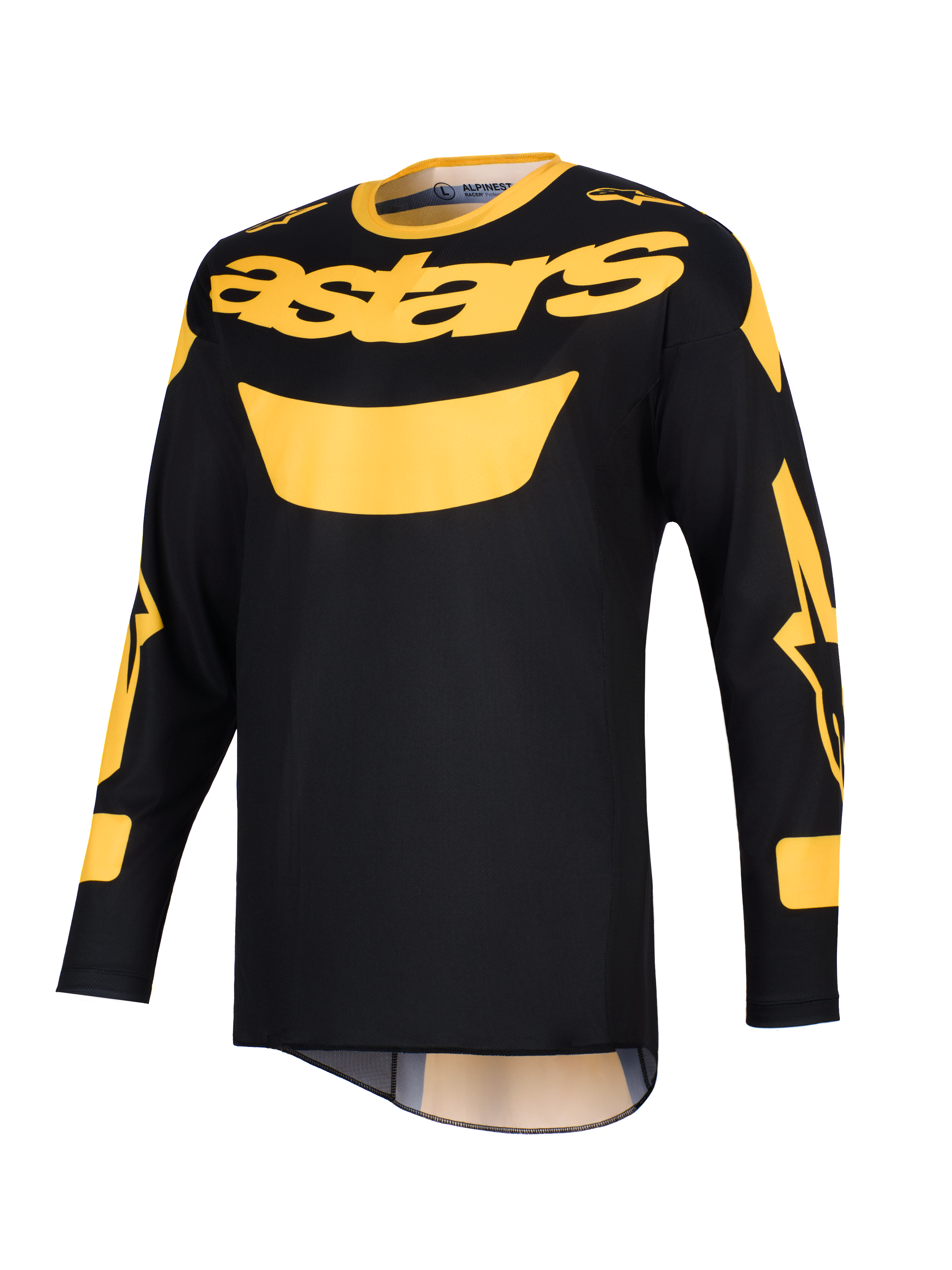 Alpinestars 2026 Racer Riway Jersey, Motocross Jersey, Yellow and Black, featuring a bold yellow 'astars' logo on the chest, long sleeves with graphic accents, and a lightweight polyfabric construction for off-road riding.