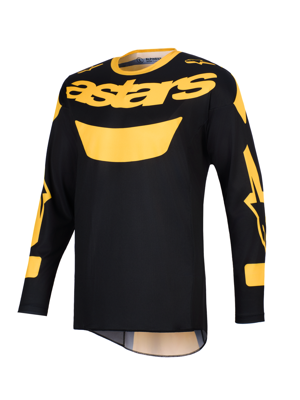 Alpinestars 2026 Racer Riway Jersey, Motocross Jersey, Yellow and Black, featuring a bold yellow 'astars' logo on the chest, long sleeves with graphic accents, and a lightweight polyfabric construction for off-road riding.
