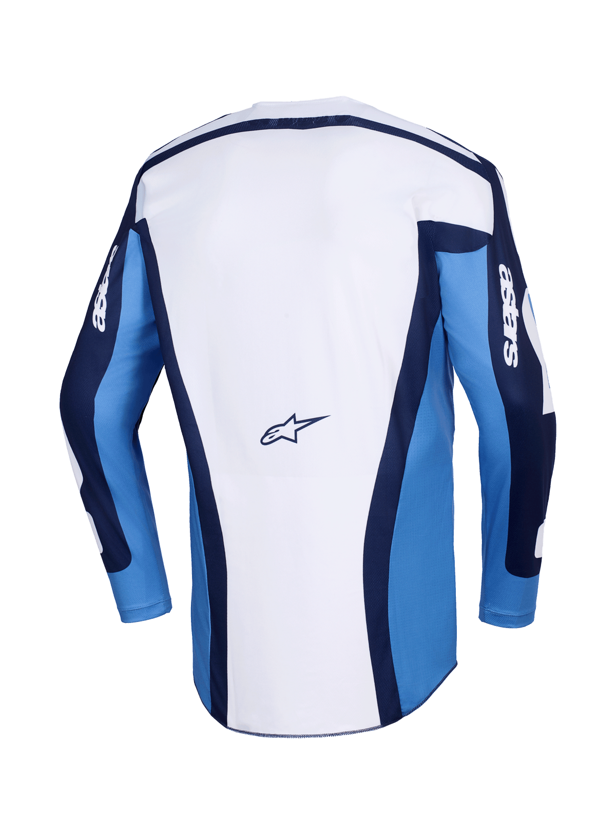 Alpinestars 2026 Racer Riway Trikot, Motocross-Trikot, UCLA Blau und Weiß, Rückansicht mit weißem Hauptpanel, blauen Ärmeln und dunkelblauen Akzenten, kleines Alpinestars-Logo auf dem unteren Rücken, sportliche Passform für Offroad-Rennsport