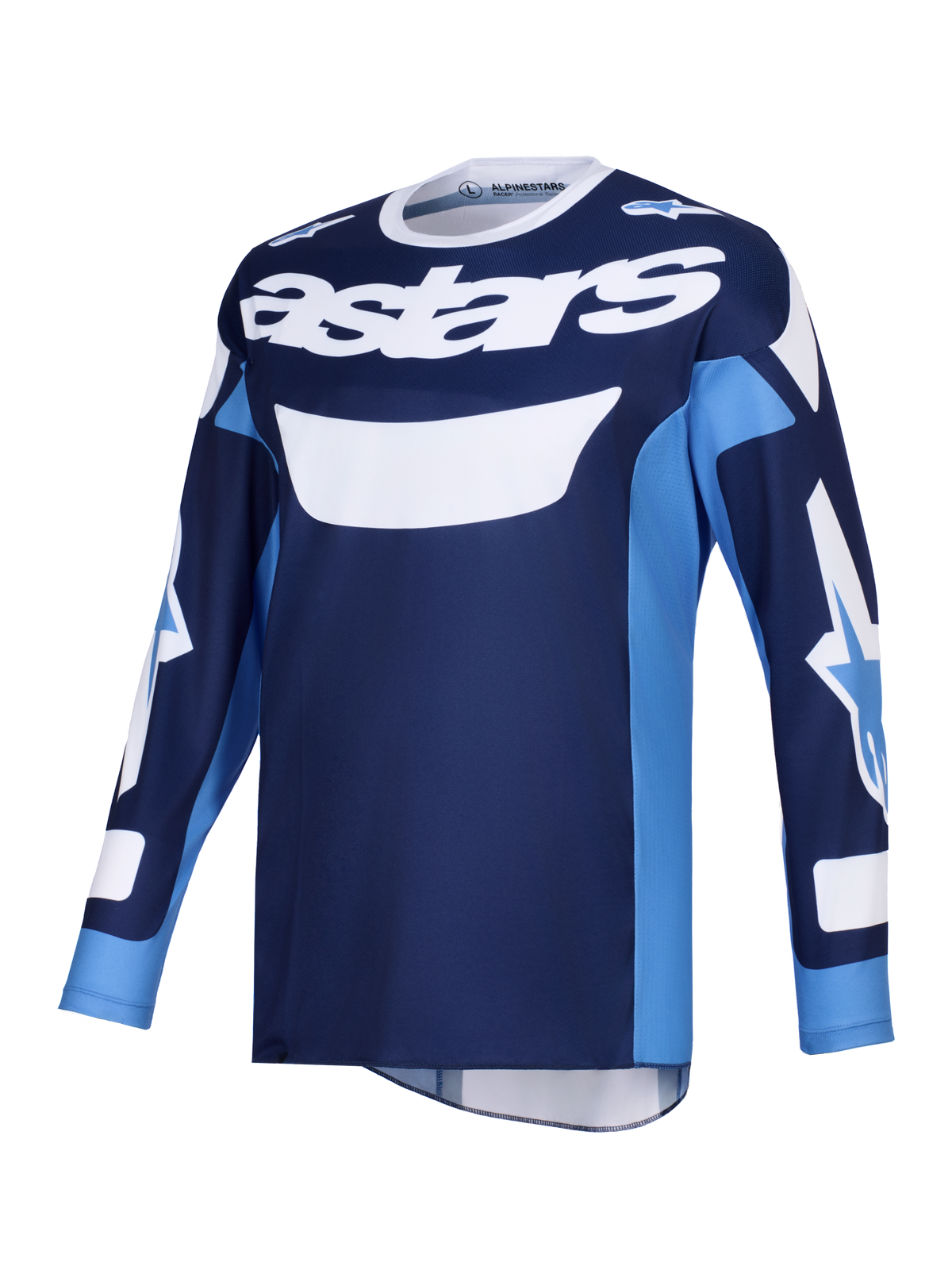 Alpinestars 2026 Racer Riway Trikot, Motocross-Trikot, Ucla Blau und Weiß, auffälliges weißes 'astars'-Logo auf der Brust, langärmeliges Design mit Logos auf den Ärmeln, leichtes Polygewebe und feuchtigkeitsableitende Konstruktion für Offroad-Fahrten
