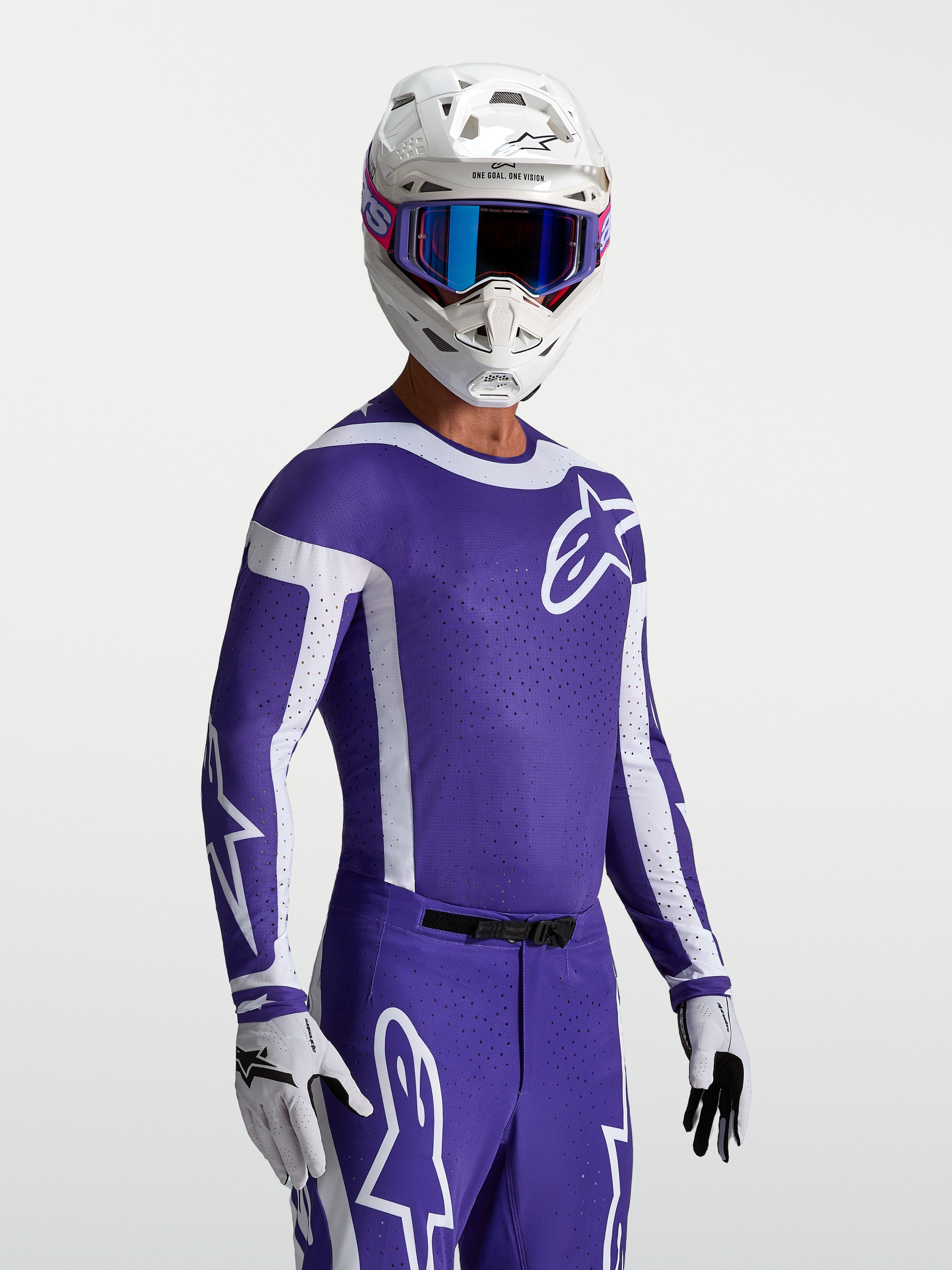 Alpinestars Supertech Vesta jersey, motocrossjersey voor heren, blauw en wit, atletische racepasvorm met lasergesneden ventilatie.