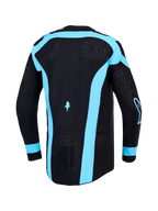 Alpinestars Supertech Vesta jersey, motorcrossjersey voor heren, zwart en turquoise, met lasergesneden ventilatie op de rug.