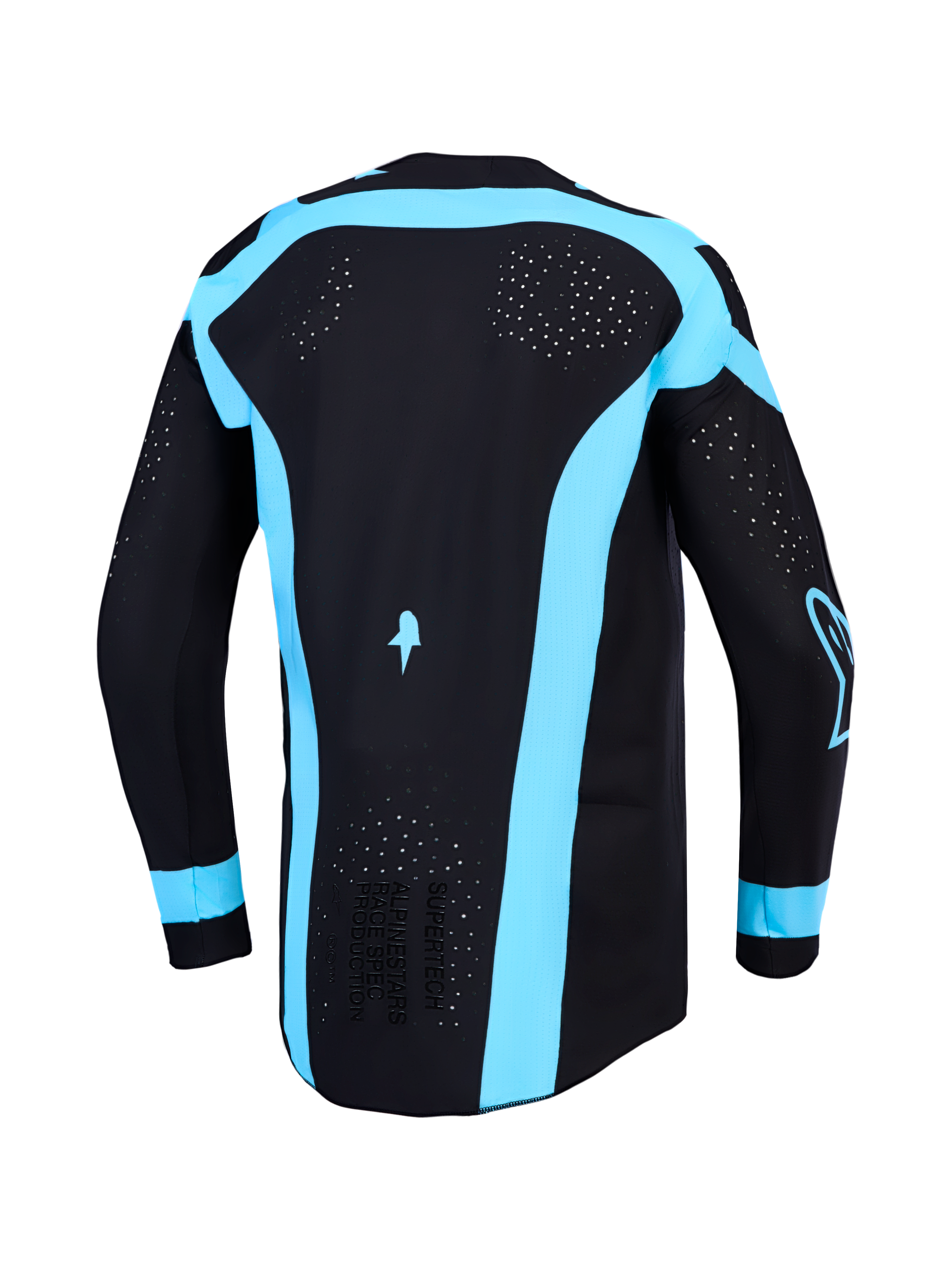 Alpinestars Supertech Vesta jersey, motorcrossjersey voor heren, zwart en turquoise, met lasergesneden ventilatie op de rug.