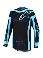 Alpinestars Supertech Vesta Jersey en Gear Set, herenmotorcrossjersey in zwart en turquoise met lasergesneden ventilatie.