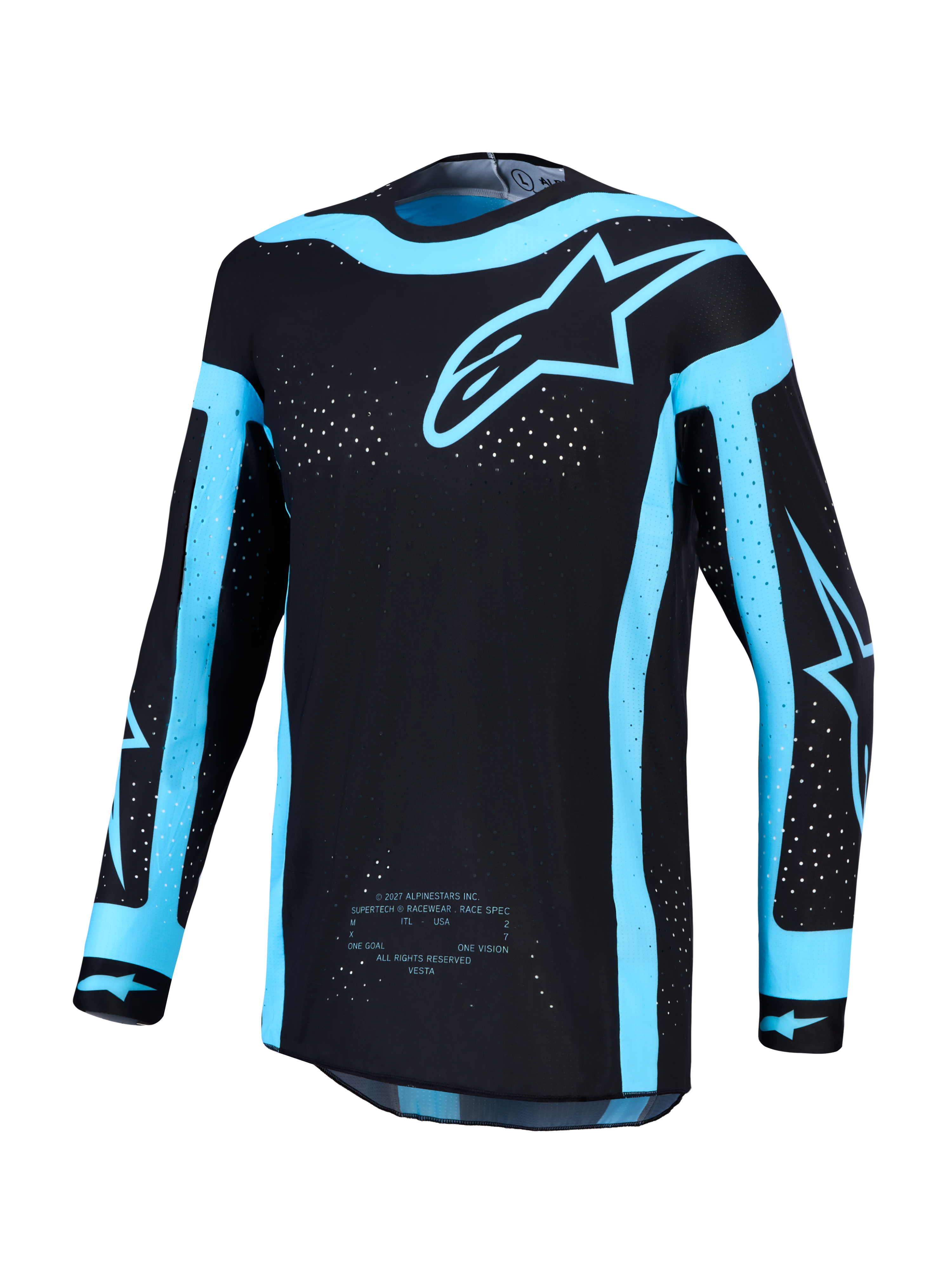 Alpinestars Supertech Vesta Jersey en Gear Set, herenmotorcrossjersey in zwart en turquoise met lasergesneden ventilatie.