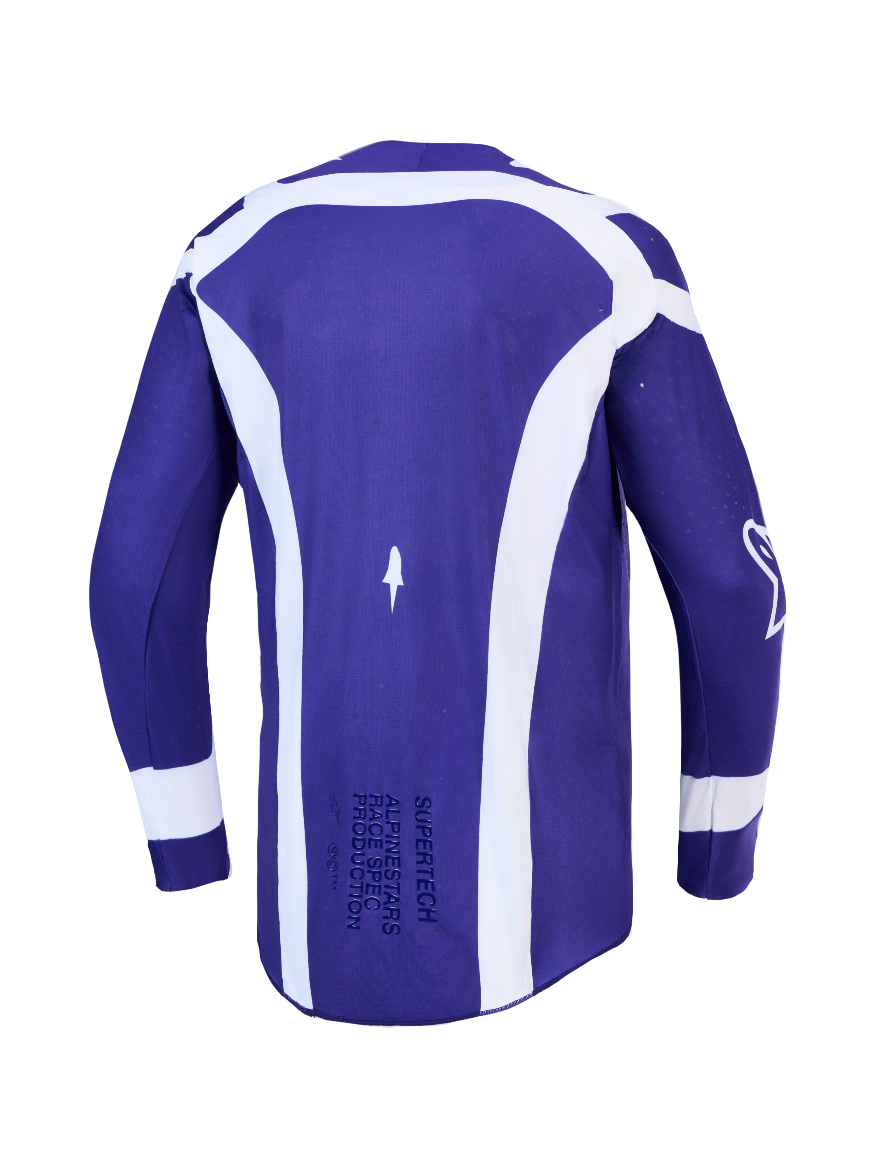 Alpinestars Supertech Vesta jersey, heren motocrossjersey in donkerblauw en wit stretchmesh, achteraanzicht.