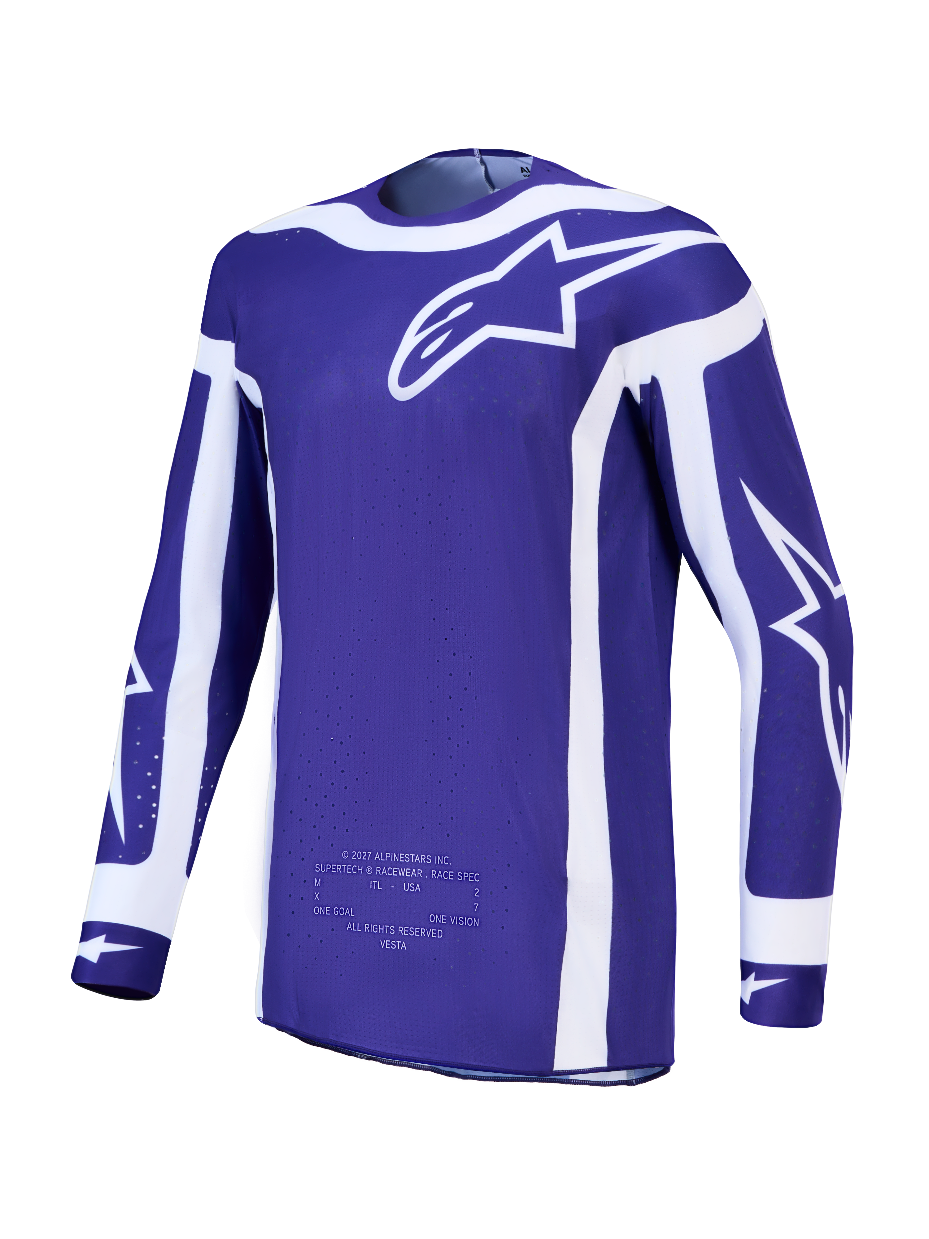 Alpinestars Supertech Vesta Jersey, heren-motorcrossjersey, diepblauw en wit, atletische pasvorm met lichtgewicht stretchmesh.