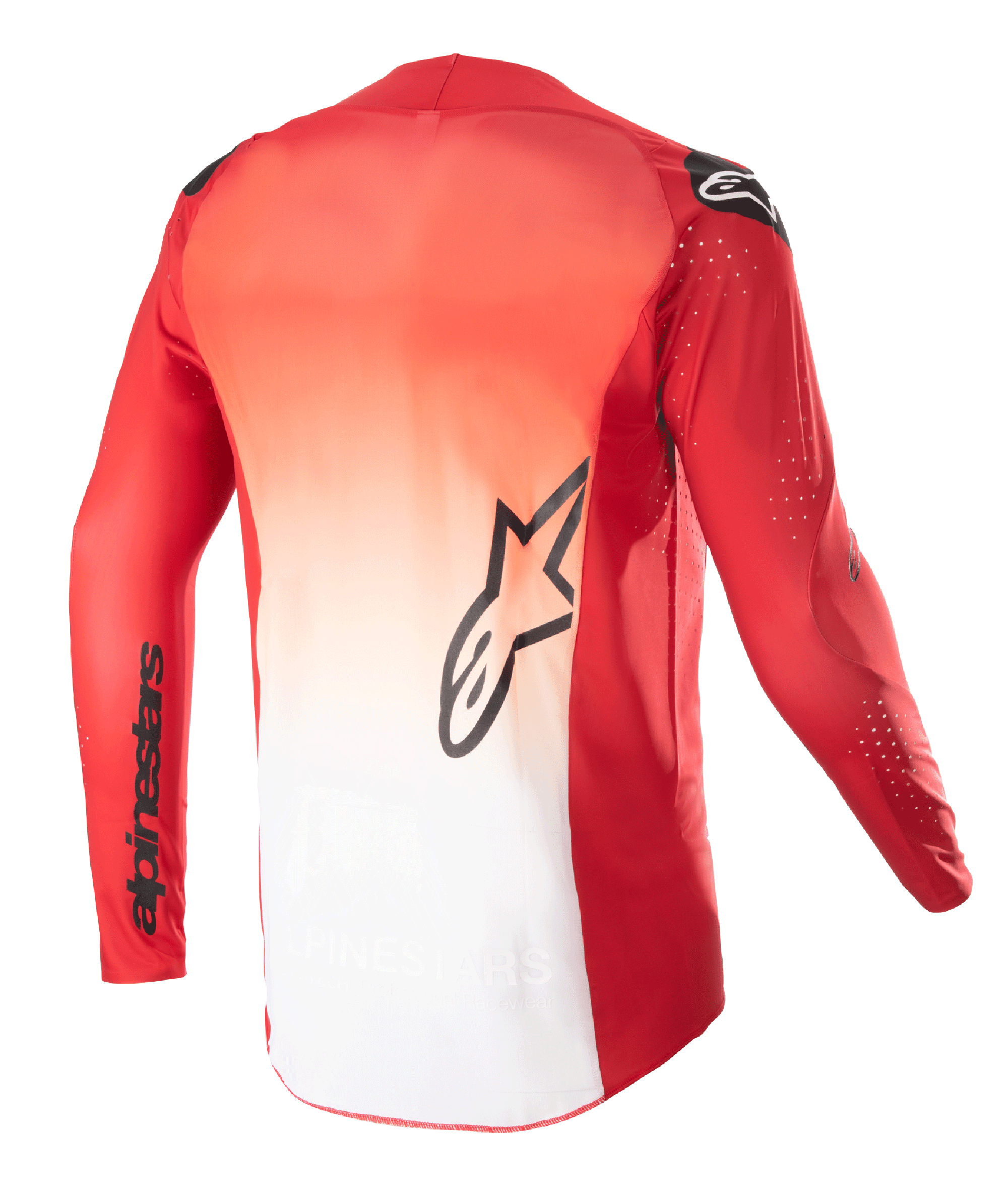 Alpinestars 2023 Supertech Risen Jersey, achteraanzicht, Mars Red en wit kleurverloop, zwart Alpinestars sterlogo op de rug en merknaam op de mouw, motorcross jersey met lange mouwen en lasergesneden perforaties voor ventilatie