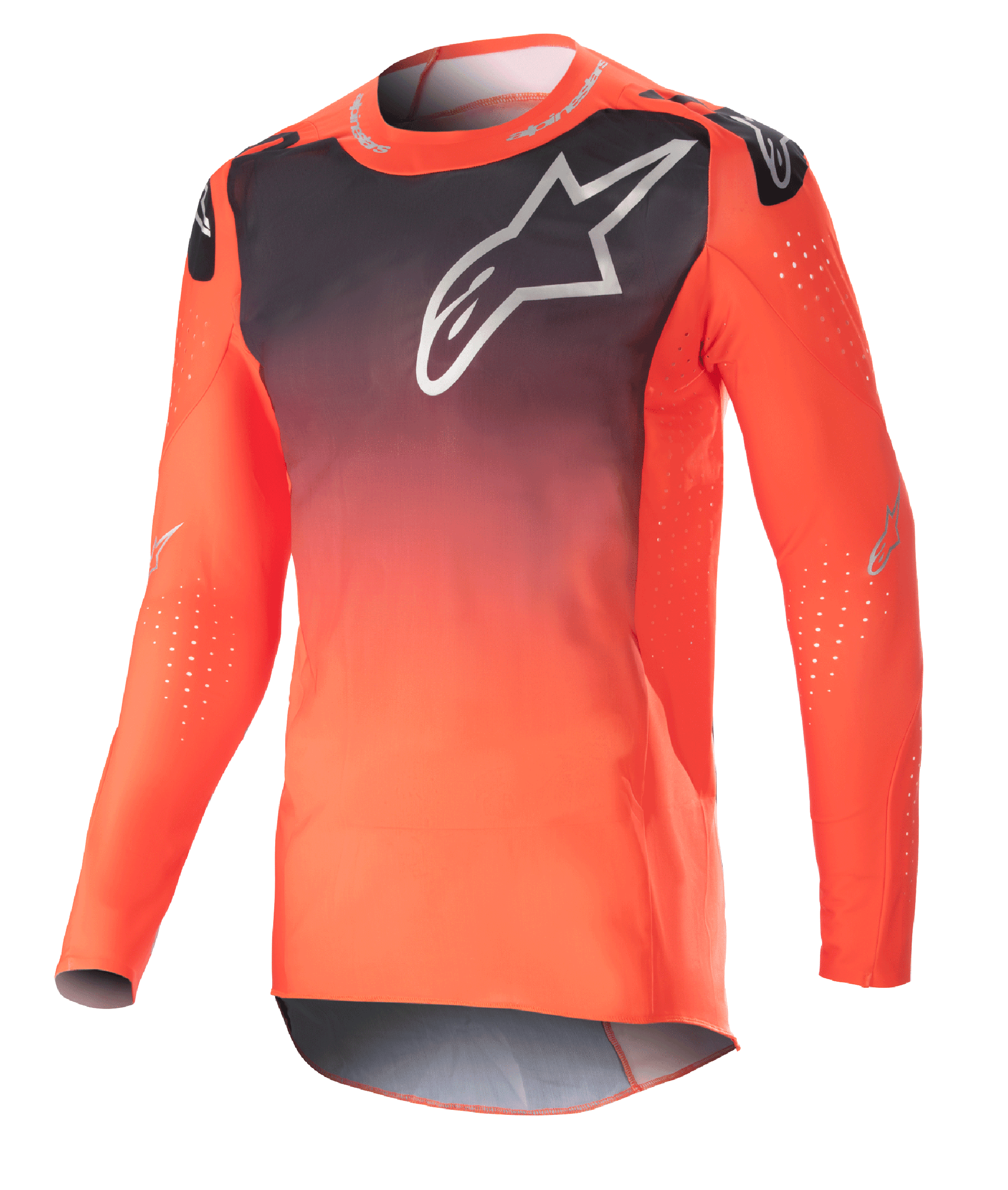 Alpinestars 2023 Supertech Risen Jersey, Motocross Jersey, Hot Orange and Black gradient, featuring a large white logo on the chest, laser-cut perforations for airflow, lightweight stretch mesh fabric, performance race fit