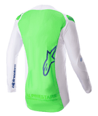 Maillot Alpinestars Supertech Risen 2023, maillot de motocross, blanc et vert fluo avec accents bleu ray, vue arrière mettant en évidence la maille extensible respirante et le panneau arrière allongé, équipement de performance léger pour la course tout-terrain