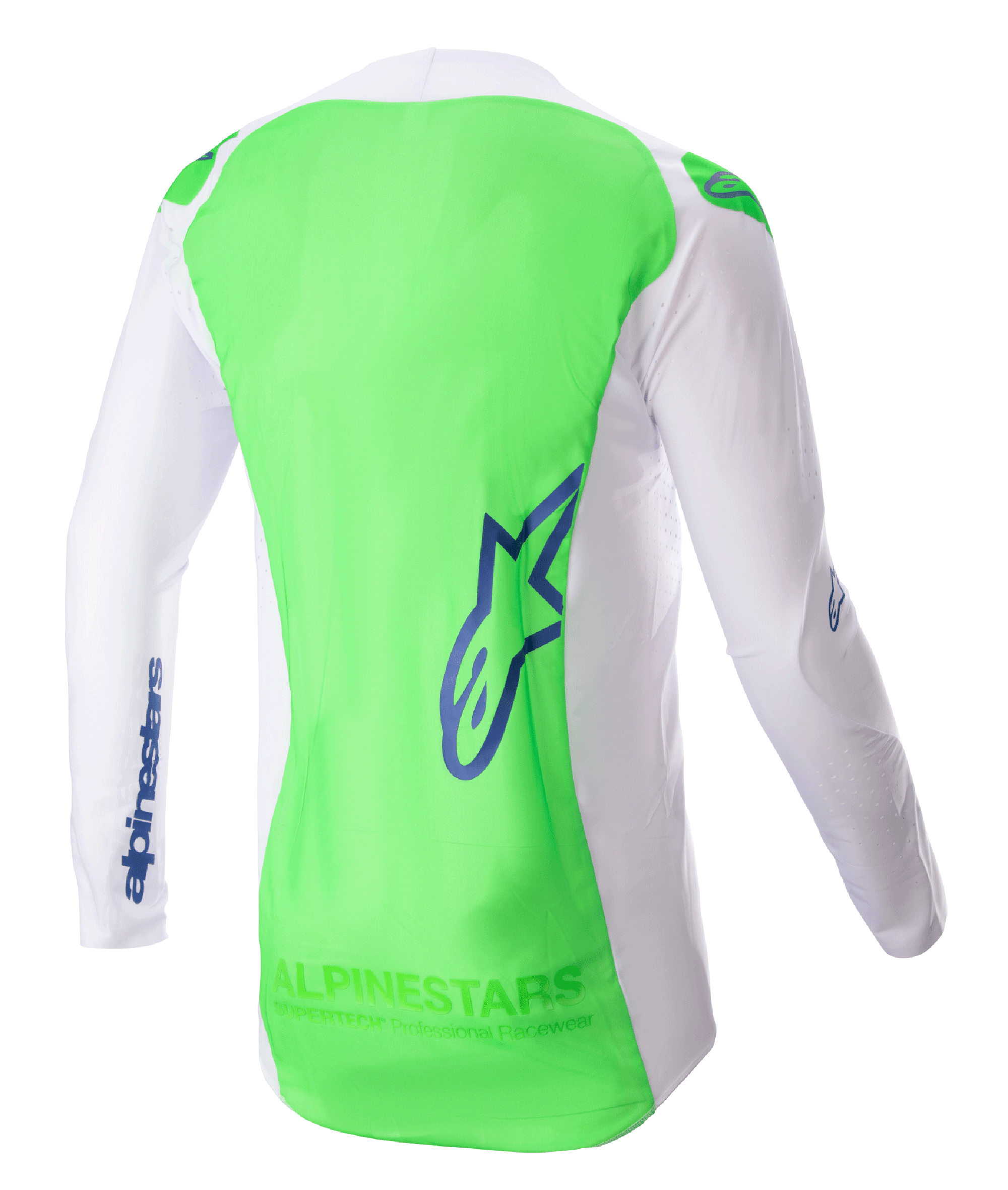 Maillot Alpinestars Supertech Risen 2023, maillot de motocross, blanc et vert fluo avec accents bleu ray, vue arrière mettant en évidence la maille extensible respirante et le panneau arrière allongé, équipement de performance léger pour la course tout-terrain