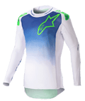 Alpinestars 2023 Supertech Risen Jersey, maillot de motocross, bleu et blanc avec logo vert fluo, torse au design dégradé, manches longues perforées, coupe athlétique de course, équipement de course tout-terrain