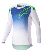 Alpinestars 2023 Supertech Risen Jersey, maillot de motocross, bleu et blanc avec logo vert fluo, torse au design dégradé, manches longues perforées, coupe athlétique de course, équipement de course tout-terrain