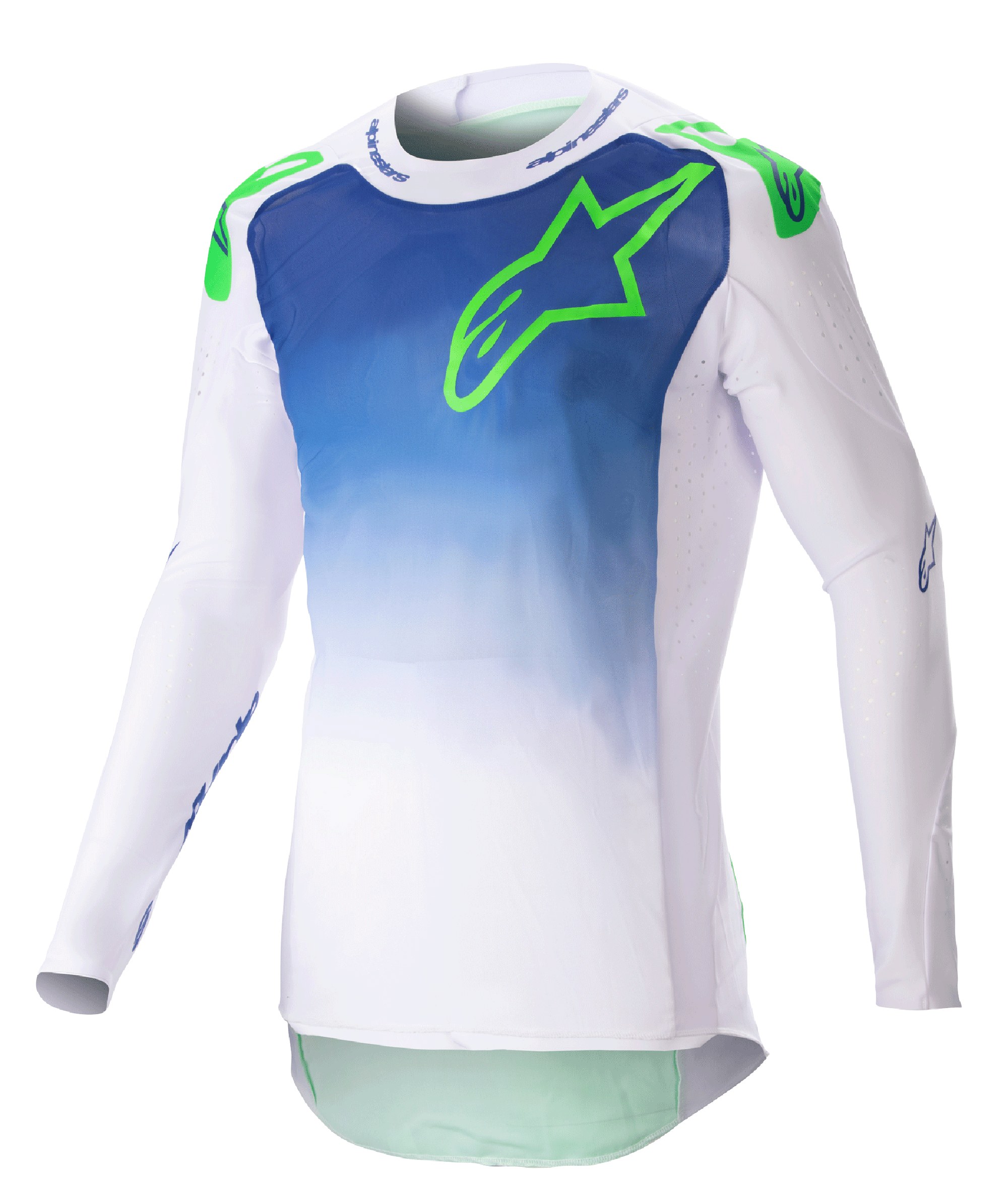 Alpinestars 2023 Supertech Risen Jersey, maillot de motocross, bleu et blanc avec logo vert fluo, torse au design dégradé, manches longues perforées, coupe athlétique de course, équipement de course tout-terrain