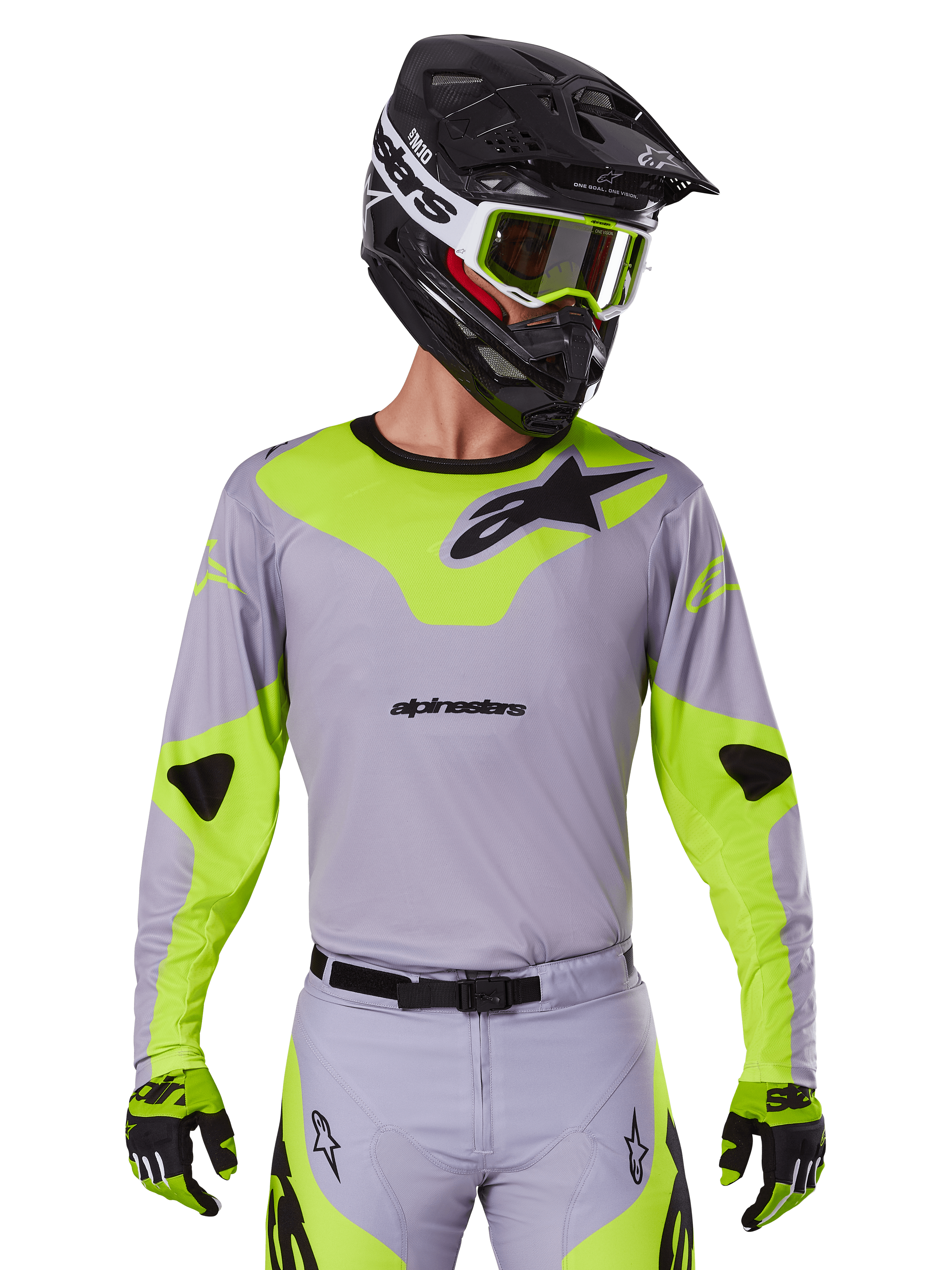 Alpinestars 2025 Racer Veil Jersey, Motocross Jersey, Gray and Neon Yellow, long-sleeve design with black Alpinestars logos, shown as part of a complete racing gear set with matching pants, black helmet, and gloves.