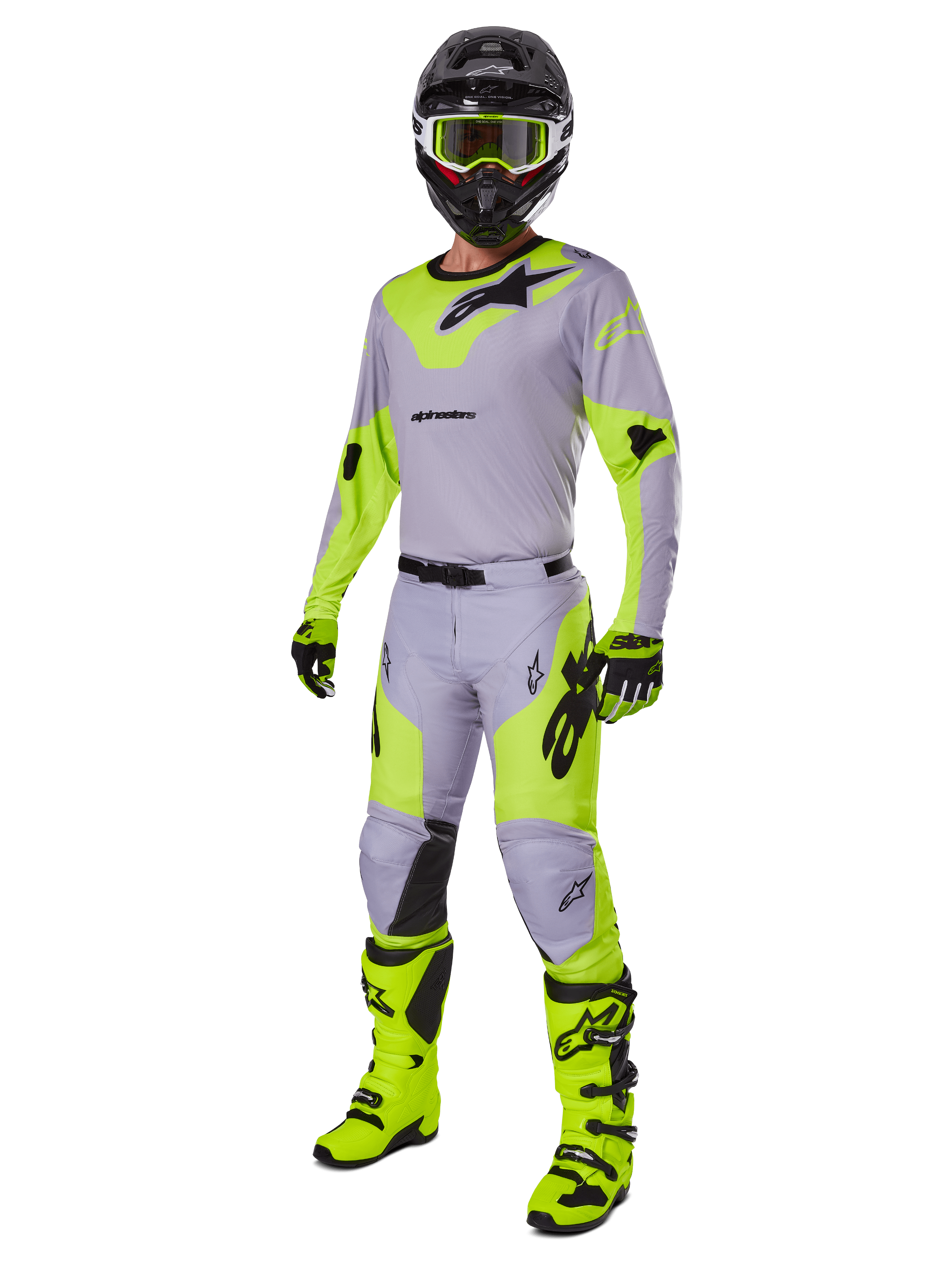Alpinestars 2025 Racer Veil Gear Set, komplette Motocross-Ausrüstung, Grau und Neongelb Fluo, bestehend aus Jersey, Hose, Helm, Brille, Handschuhen und Stiefeln mit schwarzen Akzenten, professionelle Rennausrüstung für Offroad-Performance.