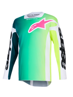Alpinestars 2026 Racer Portl Jersey, motorcross shirt, groen en geel kleurverloop, opvallend roze logo op de borst, witte mouwen met dikke zwarte Alpinestars-tekst, lichtgewicht prestatiestof voor off-road rijden