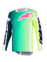 Maillot Alpinestars Racer Portl 2026, maillot de motocross, dégradé vert et jaune, logo rose vif sur la poitrine, manches blanches avec lettrage Alpinestars noir audacieux, tissu technique léger pour la conduite tout-terrain