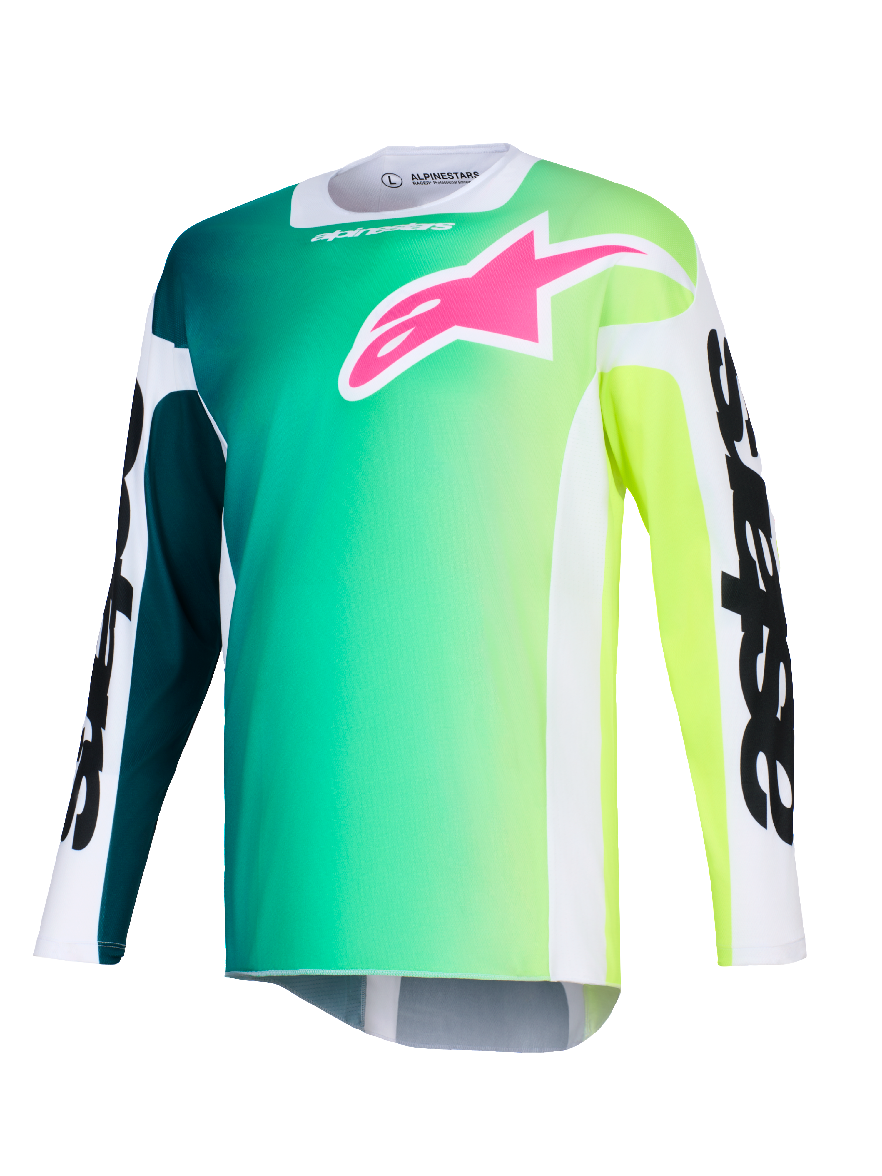 Alpinestars 2026 Racer Portl Jersey, motorcross shirt, groen en geel kleurverloop, opvallend roze logo op de borst, witte mouwen met dikke zwarte Alpinestars-tekst, lichtgewicht prestatiestof voor off-road rijden