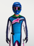 Alpinestars Techstar Maven Trikot, blau-grünes Motocross-Trikot mit pinkem Stern-Logo und athletischer Rennpassform.
