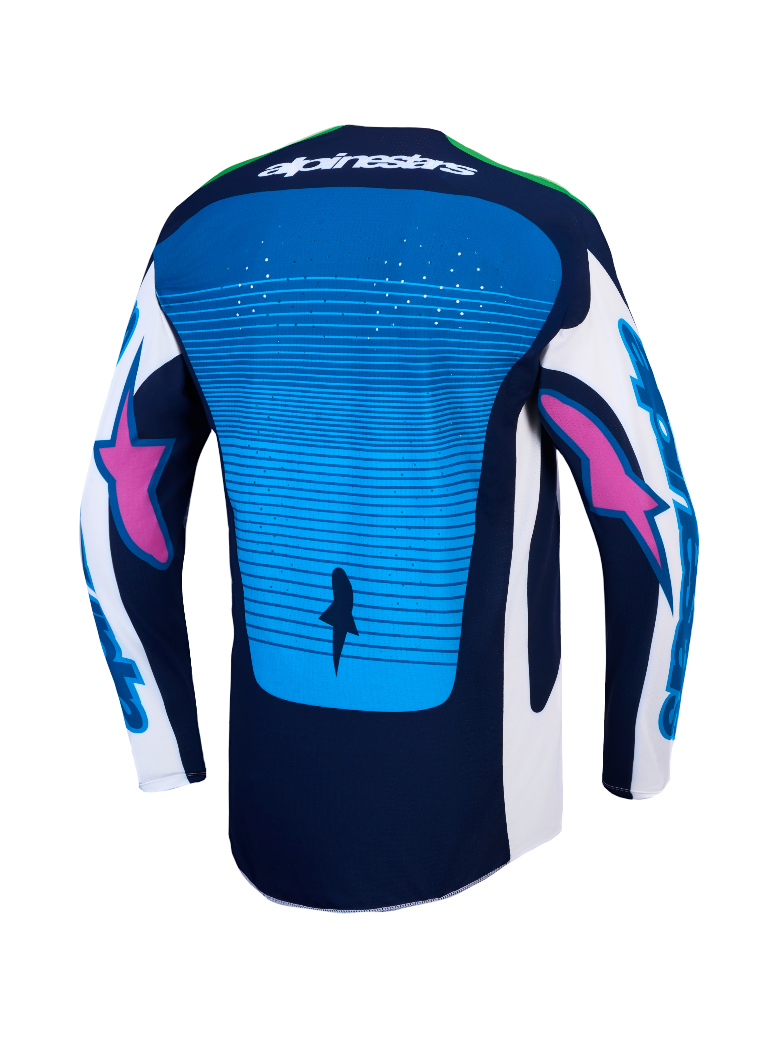 Alpinestars Techstar Maven jersey en gearset, achteraanzicht in blauw en marineblauw met lasergesneden ventilatie.