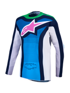 Alpinestars Techstar Maven jersey en 2027 Techstar Maven gearset, blauwe en fluogroene motorcrossjersey met roze sterlogo.