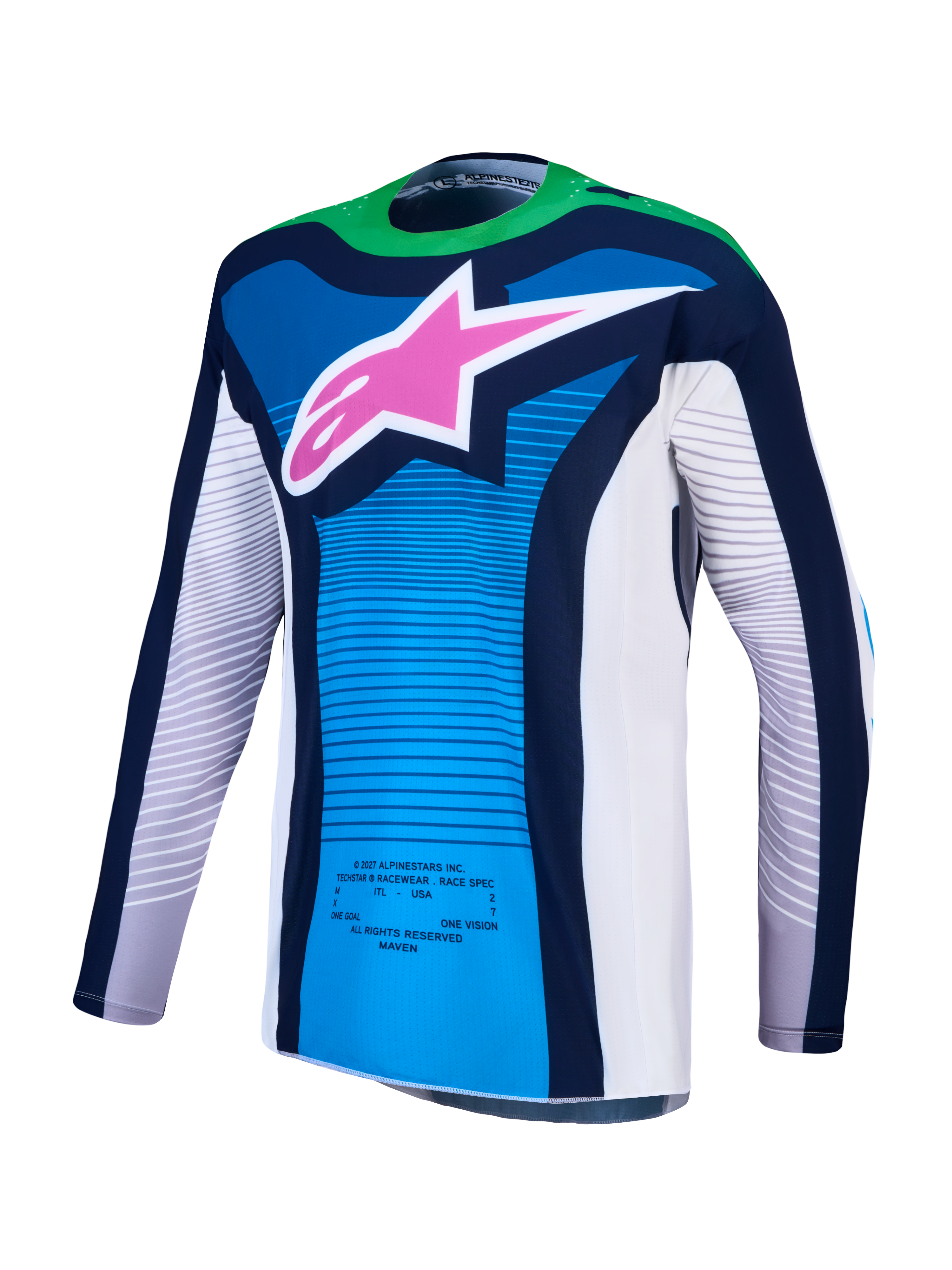 Alpinestars Techstar Maven jersey en 2027 Techstar Maven gearset, blauwe en fluogroene motorcrossjersey met roze sterlogo.