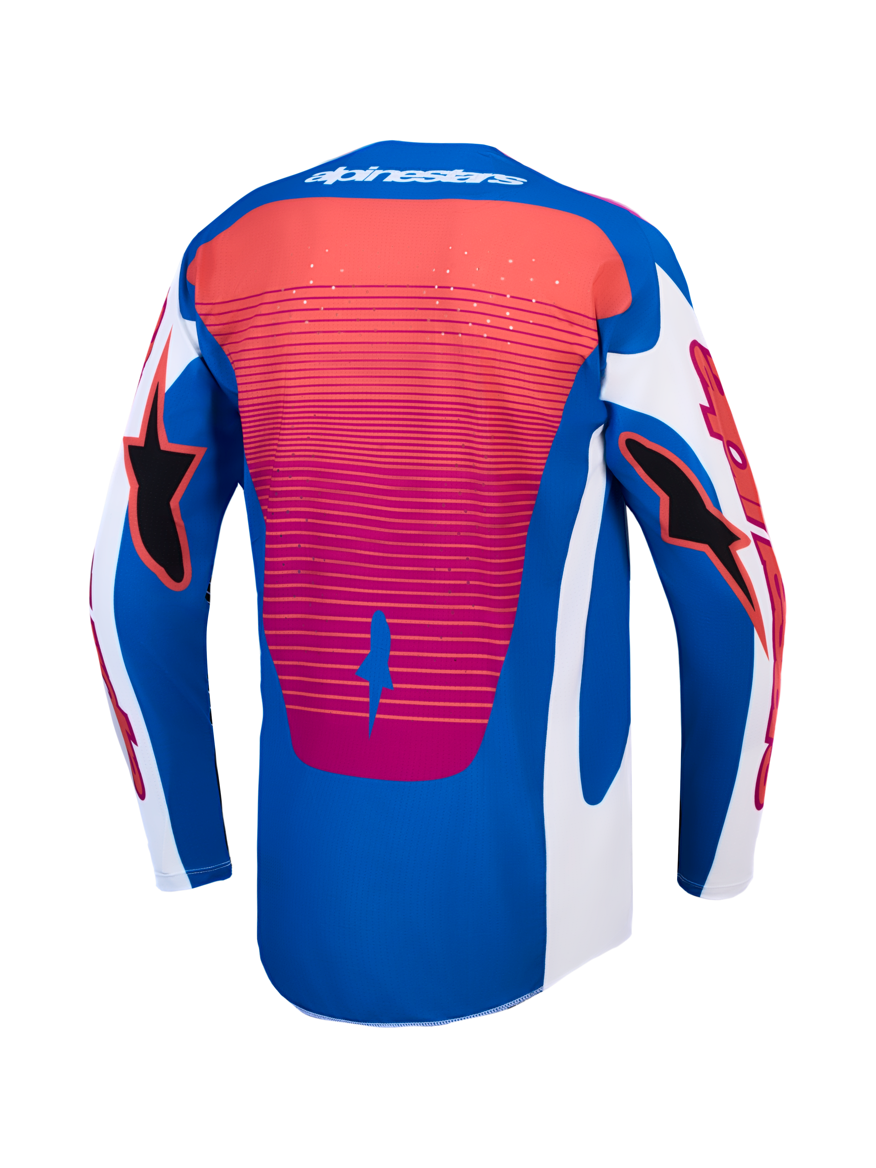 Alpinestars Techstar Maven jersey, achteraanzicht, blauw en rood, ademende motocross-jersey met lasergesneden ventilatie.