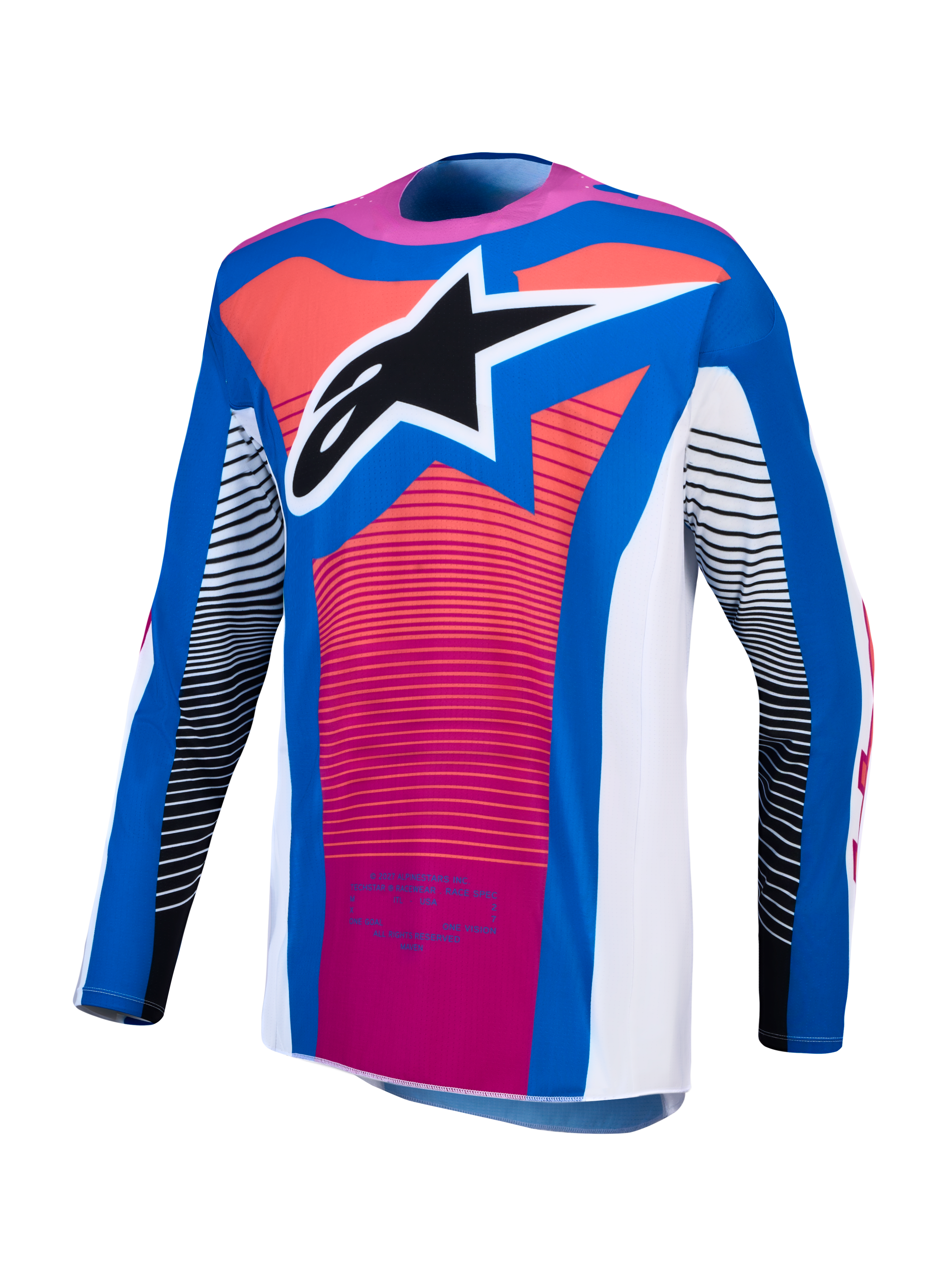 Alpinestars Techstar Maven Jersey, motorcrossjersey voor off-road racing, blauw en roze, atletische pasvorm met een groot sterlogo op de borst.