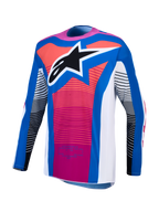Alpinestars Techstar Maven jersey voor heren, motocrossjersey met atletische racepasvorm, blauw, wit en hot coral.