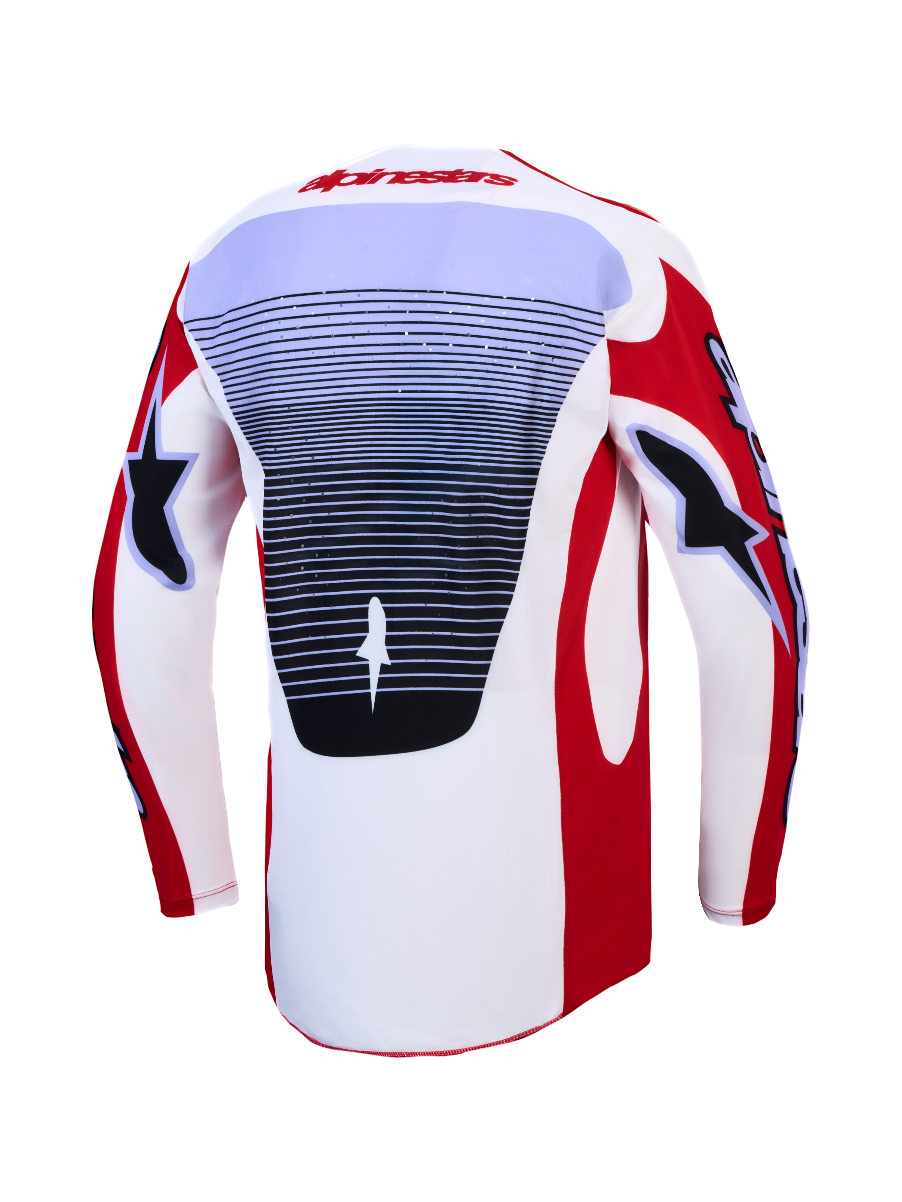 Alpinestars Techstar Maven Jersey en 2027 Techstar Maven Gear Set, rood en wit heren motorcrossjersey met geventileerd rugpaneel.