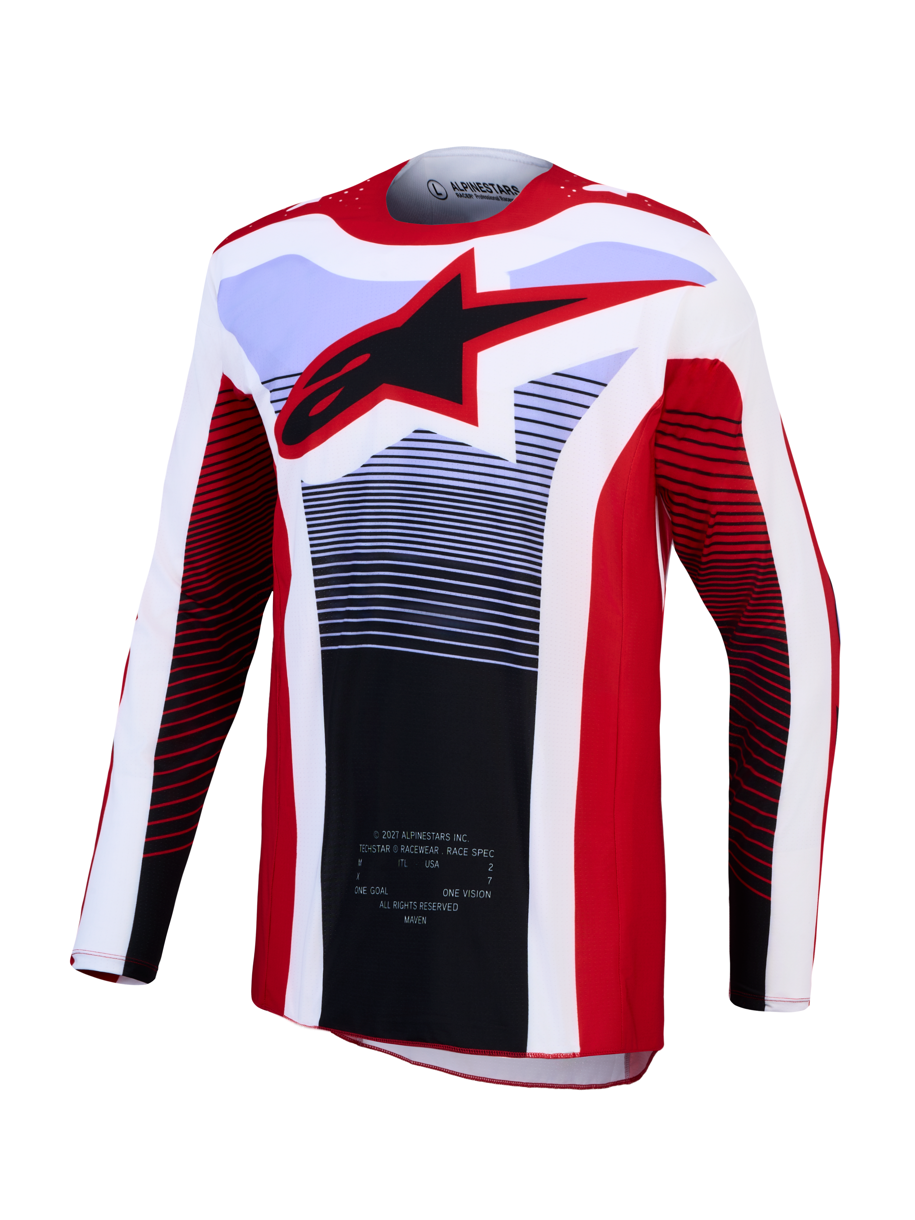 Alpinestars Techstar Maven jersey, rood en wit motorcrossjersey met zwart ster-logo, ademende stof voor off-road racing.