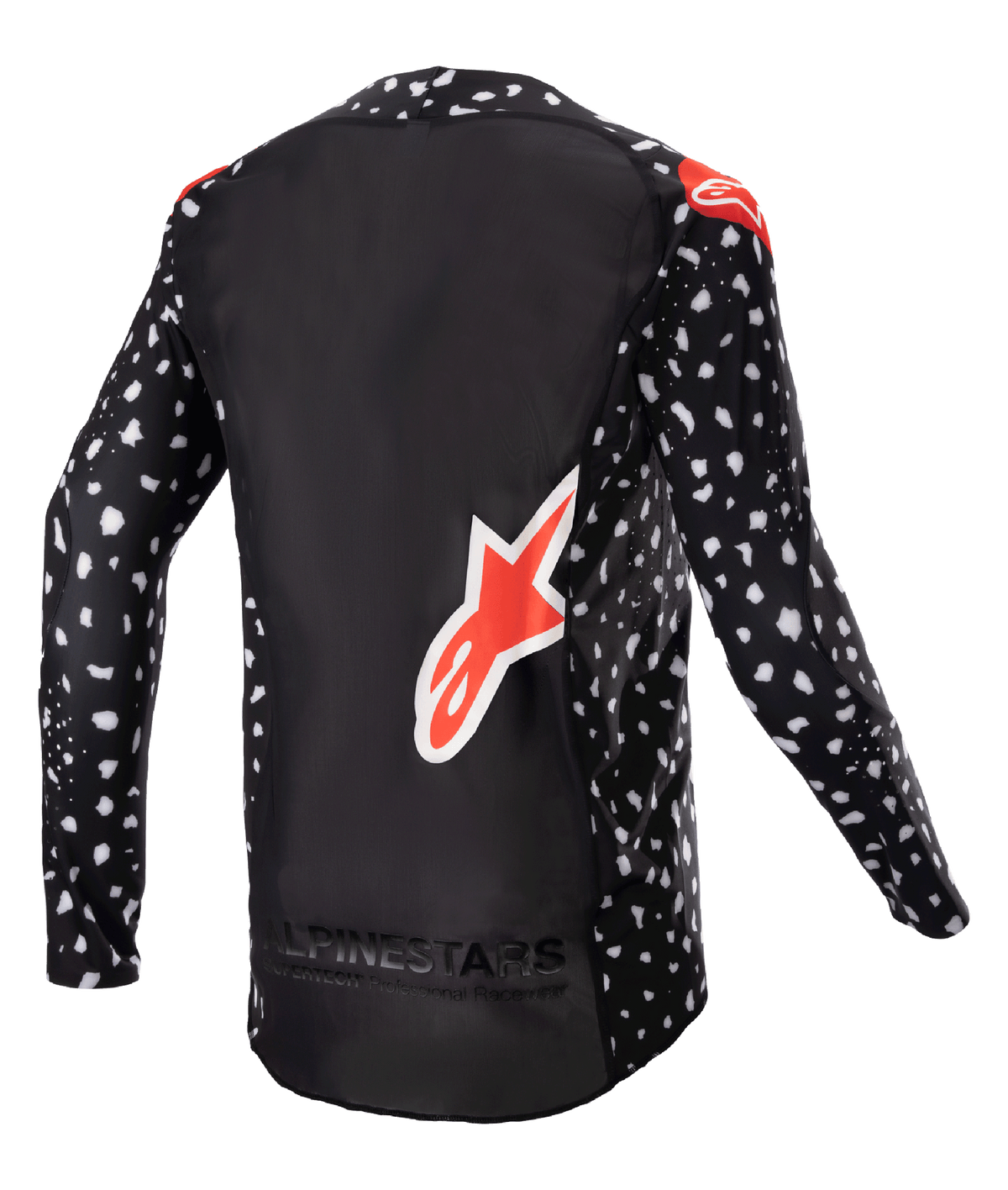 Alpinestars 2023 Supertech North Jersey, Motocross-Trikot, Schwarz mit weißem Sprenkelmuster und neonroten Akzenten, Rückansicht mit großem rotem Alpinestars-Logo und Branding am unteren Saum, professionelle Offroad-Rennausrüstung.