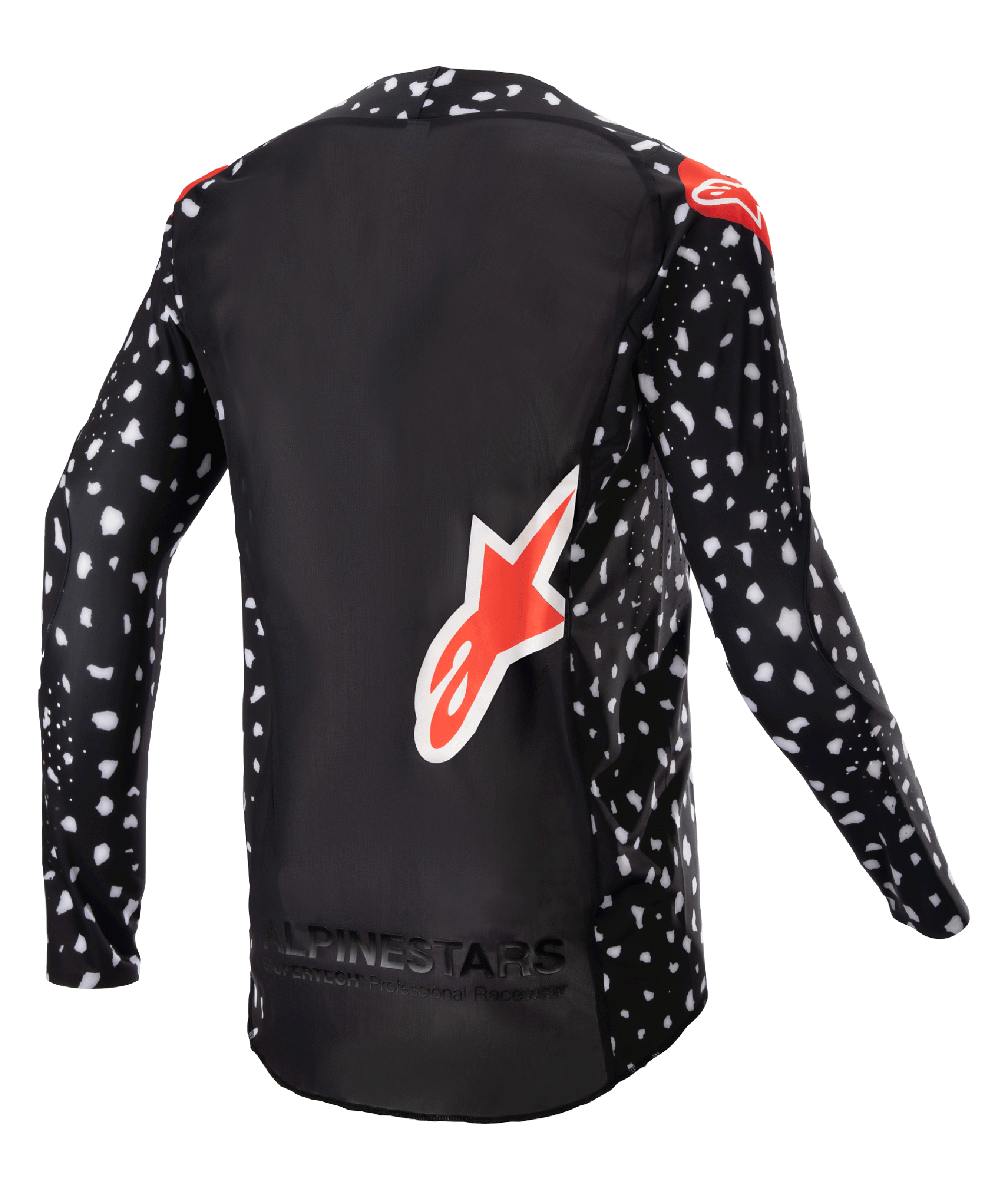 Alpinestars 2023 Supertech North Jersey, motocross jersey, zwart met wit gespikkeld patroon en neonrode accenten, achteraanzicht met groot rood Alpinestars-logo en branding aan de onderkant, professionele off-road race-uitrusting