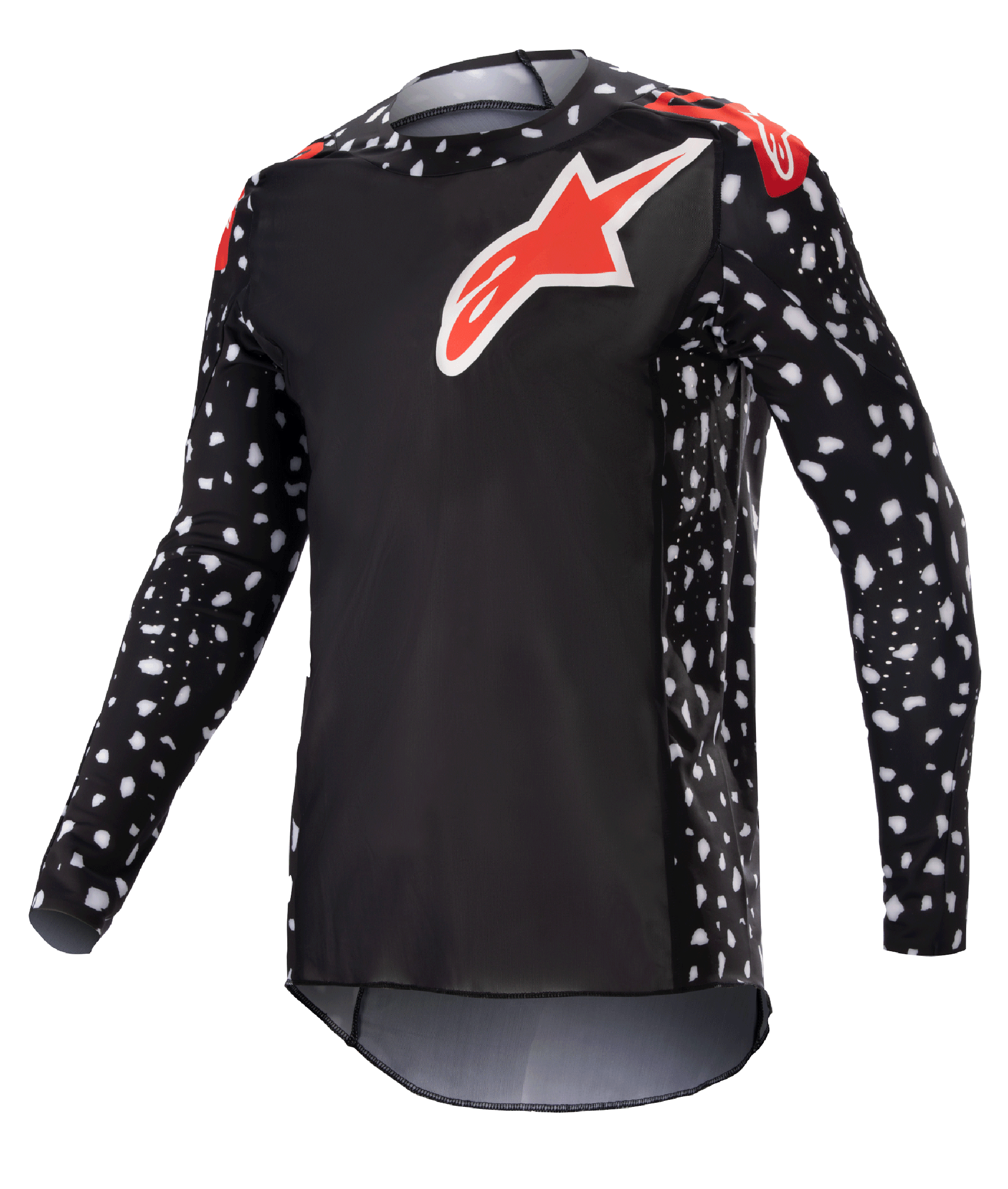 Alpinestars 2023 Supertech North Jersey, Motocross Jersey, Black and Neon Red, long sleeves with white speckle pattern, red and white star logos on chest and shoulders, lightweight performance mesh with athletic race fit