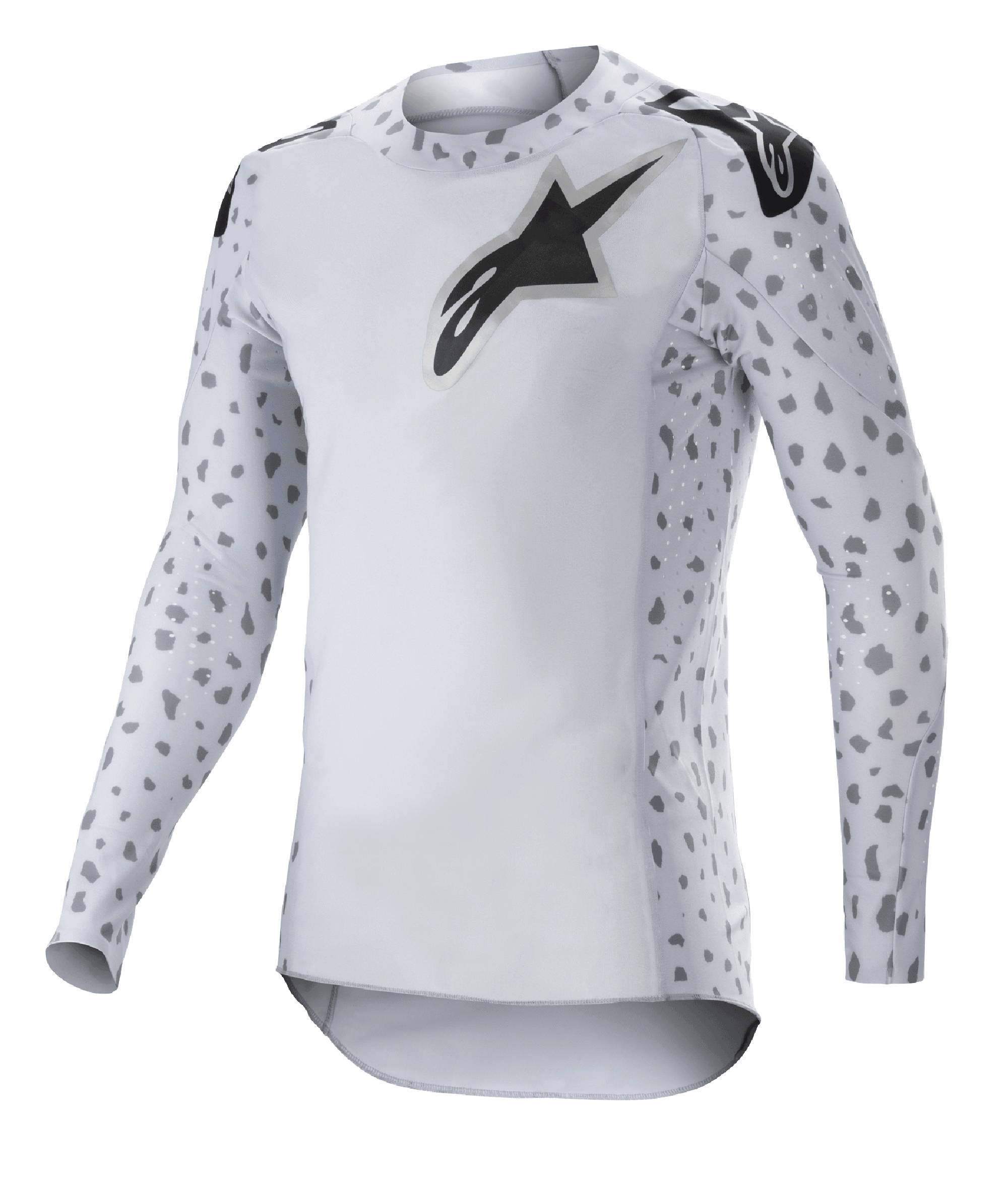 Alpinestars 2023 Supertech North Jersey, Motocross Jersey, Haze Gray and Black, white long-sleeve jersey with gray spotted pattern on sleeves and sides, black star logo on chest and shoulders, performance stretch mesh with curved hem