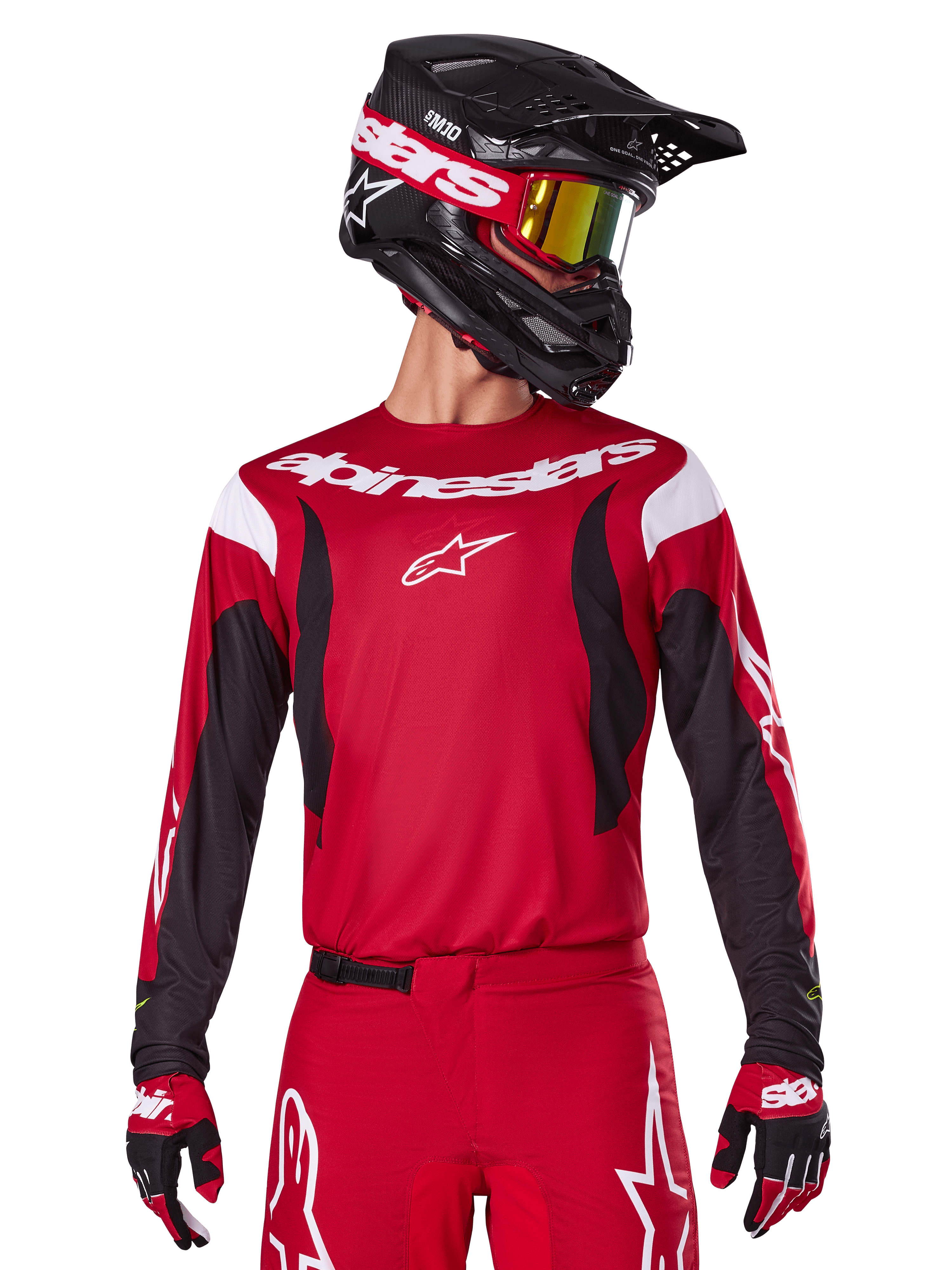 Alpinestars 2025 Fluid Haul Trikot und Bekleidungsset, Motocross-Rennbekleidung für Herren, Hellrot und Schwarz, sportlicher Schnitt mit weißem Logo.