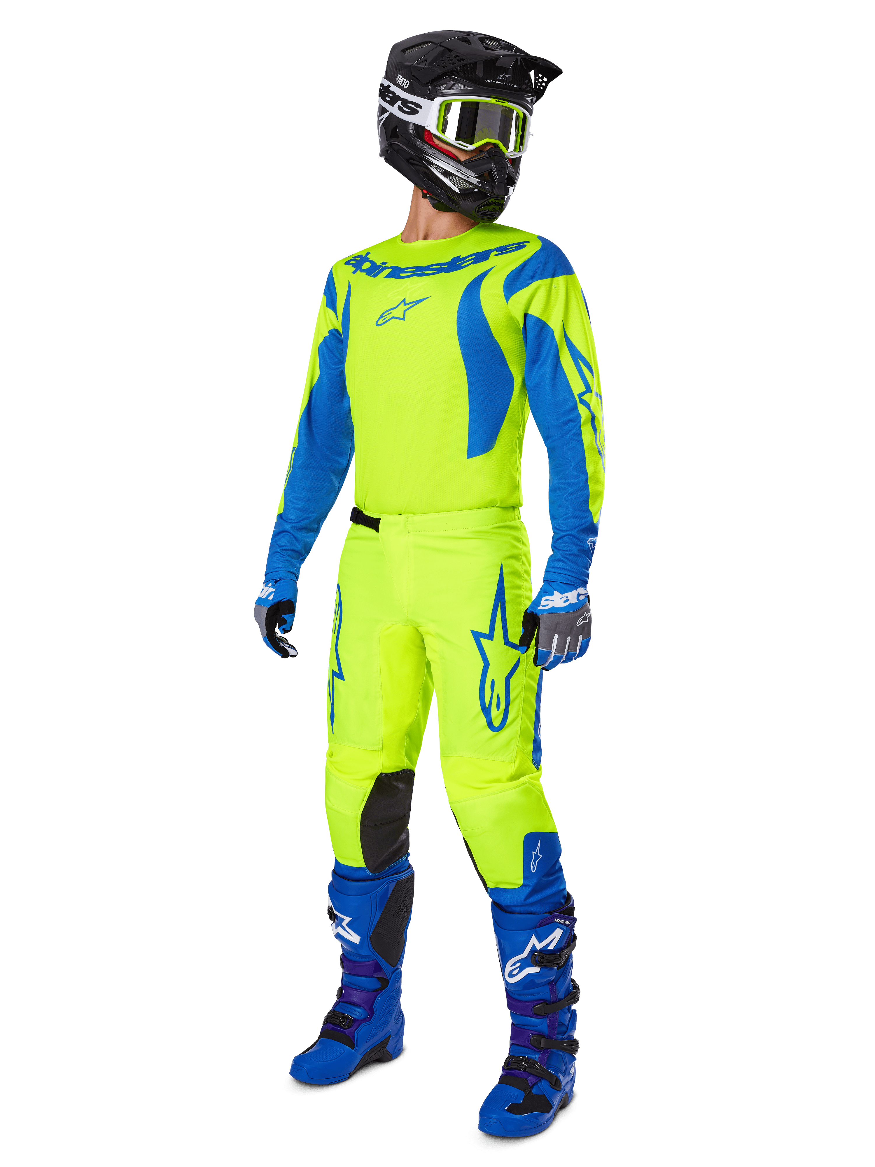 Alpinestars 2025 Fluid Haul Ausrüstungsset, komplette Motocross-Rennausrüstung mit Jersey und Hose in Neongelb und Blau, schwarzer Helm, blaue Handschuhe und blaue Offroad-Stiefel, gut sichtbares, abgestimmtes Outfit für Motocross und Enduro.