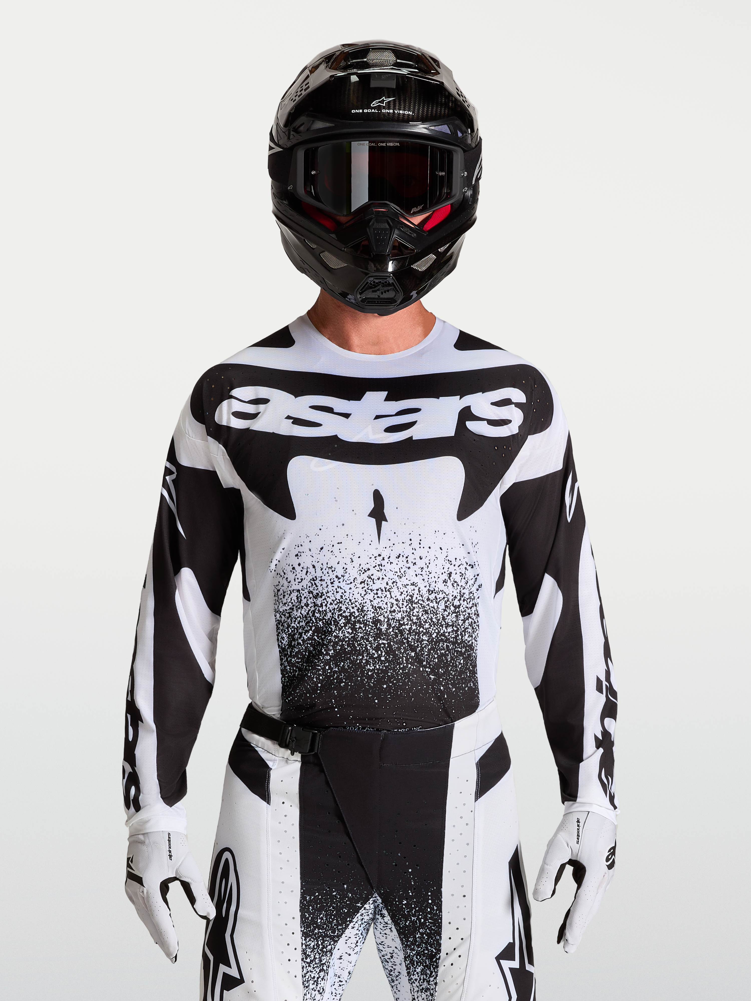 Alpinestars Techstar Swan Jersey, motorcross racing jersey voor heren, wit en zwart, atletische pasvorm met stretchstof.