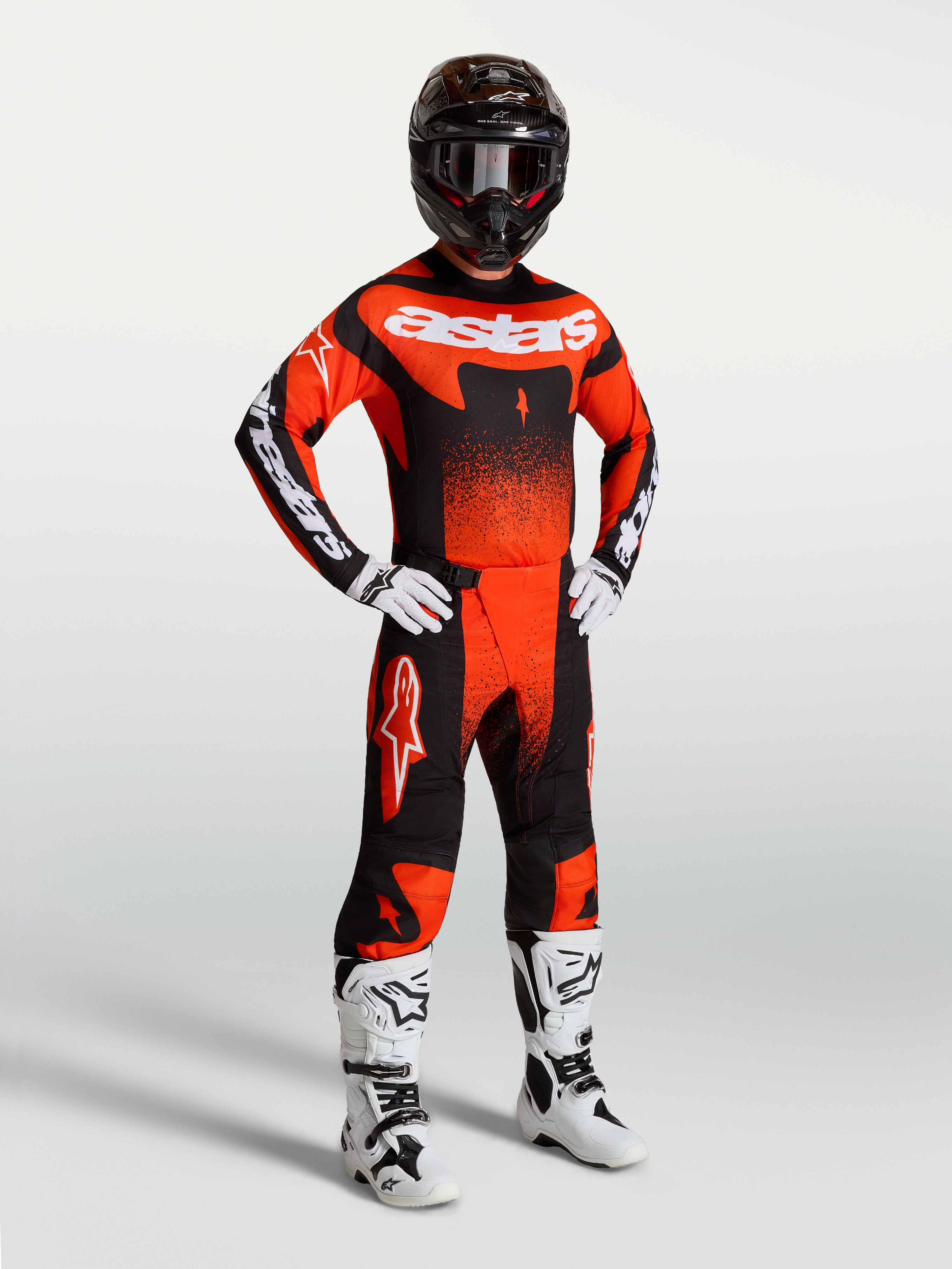 Alpinestars Techstar Swan Gear Set and Jersey, Cardinal Red and Black motocross outfit for men featuring white racing boots.