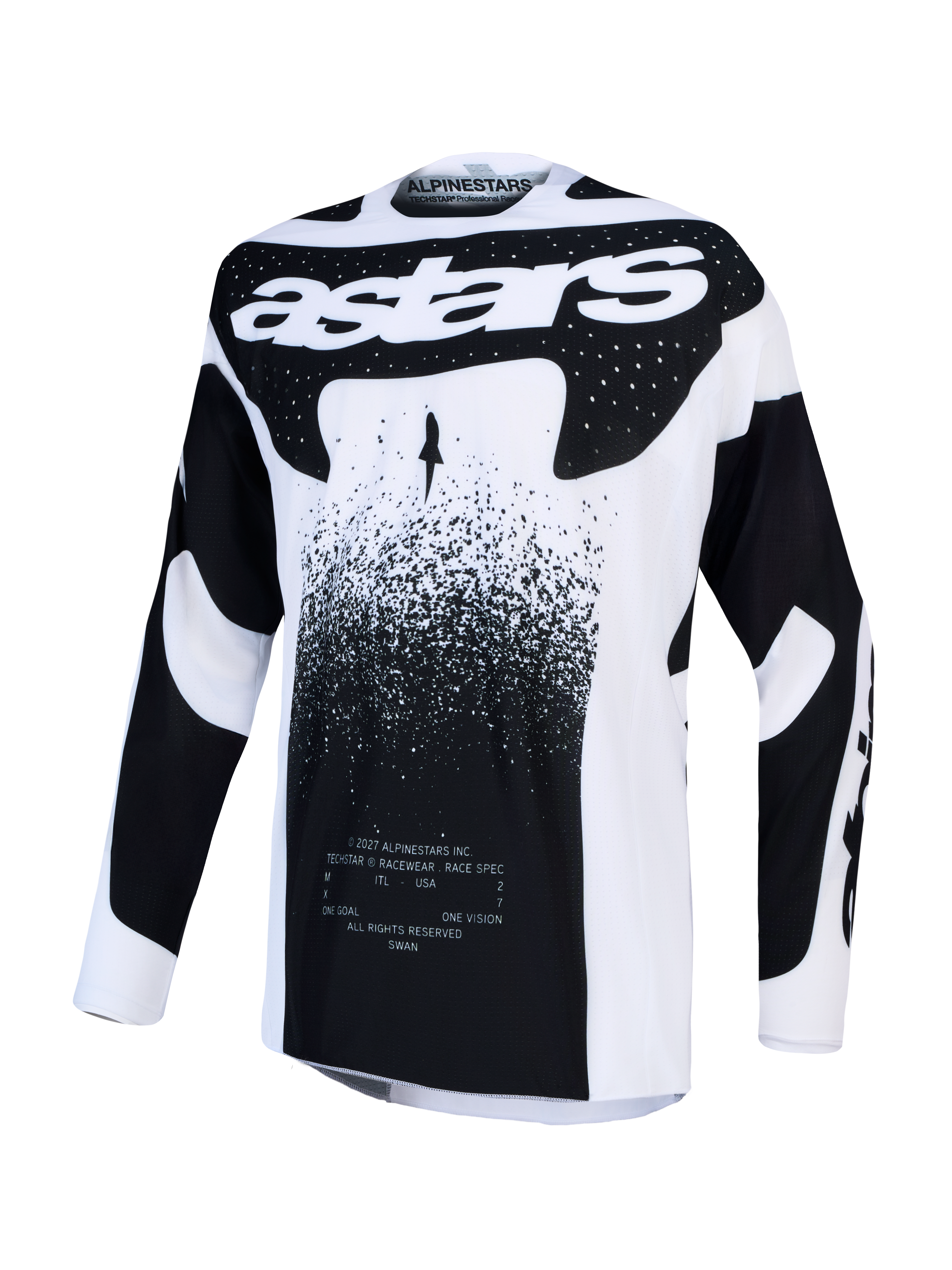 Alpinestars Techstar Swan Trikot, Herren-Motocross-Renntrikot, Schwarz und Weiß, aus leichtem Stretchmaterial.