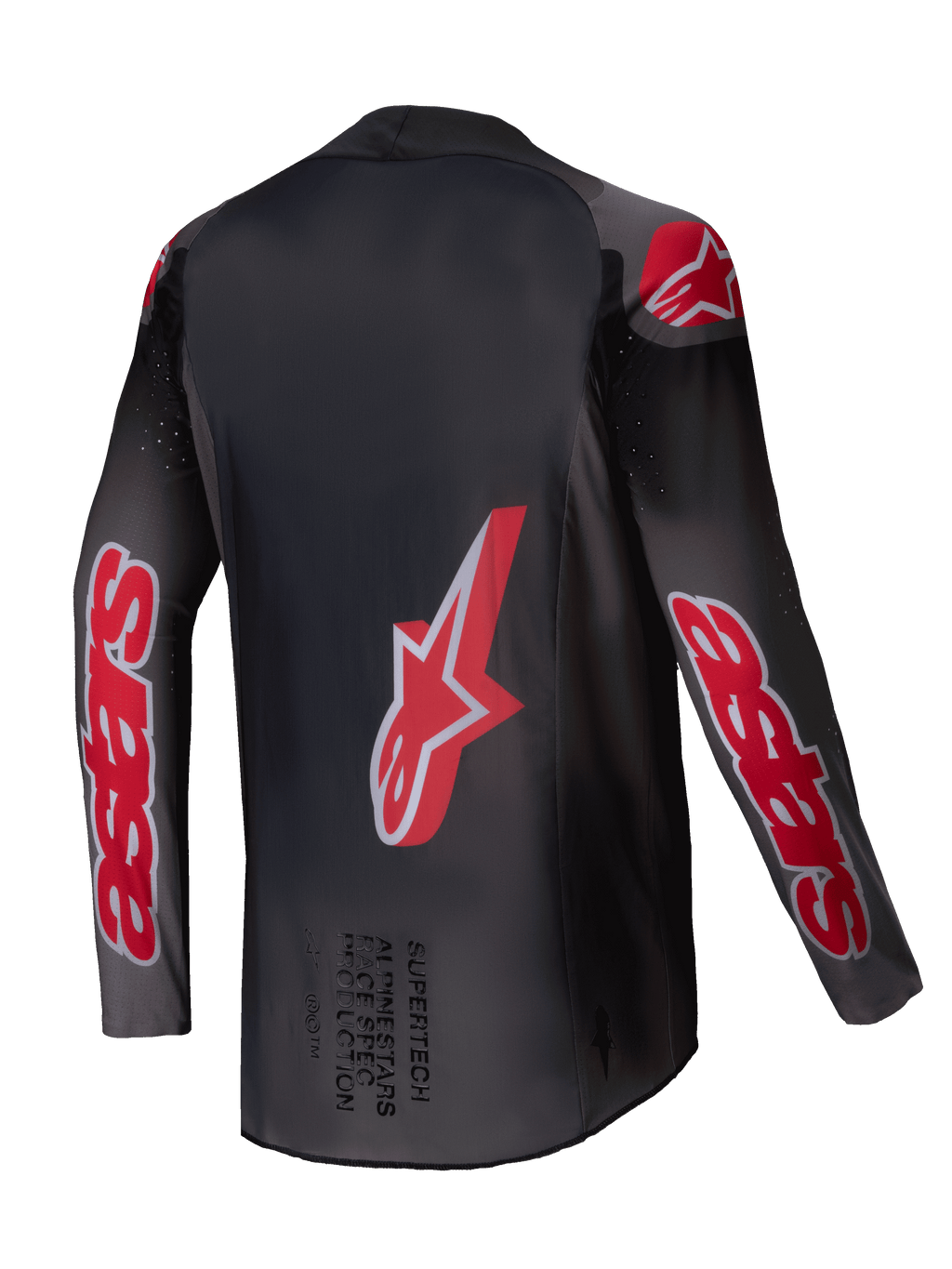 Maillot Supertech Lipan 2025, maillot de motocross tout-terrain, noir fumée et rouge vif, construction en maille extensible légère avec ventilation perforée, vue de dos