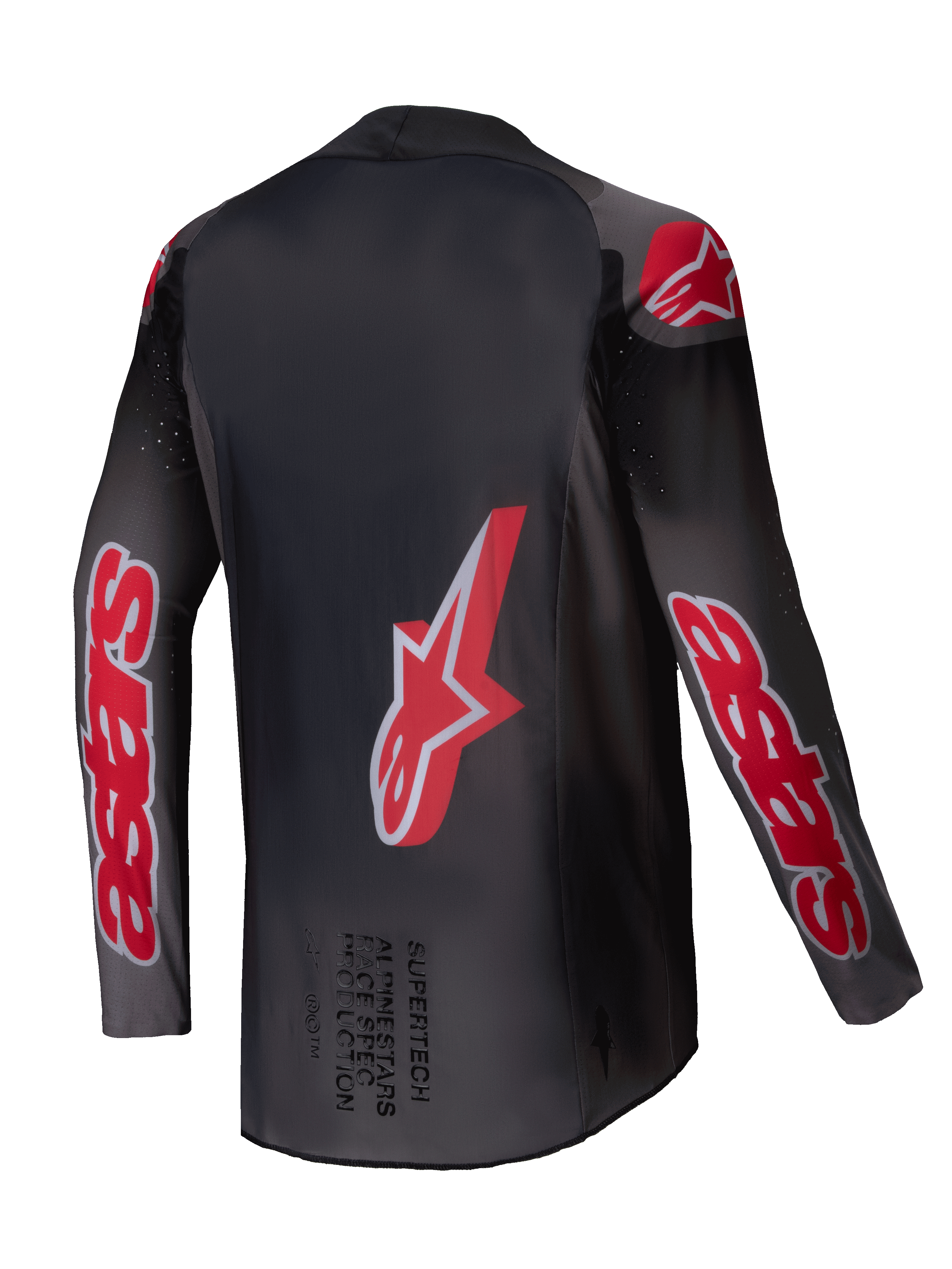 Maillot Supertech Lipan 2025, maillot de motocross tout-terrain, noir fumée et rouge vif, construction en maille extensible légère avec ventilation perforée, vue de dos