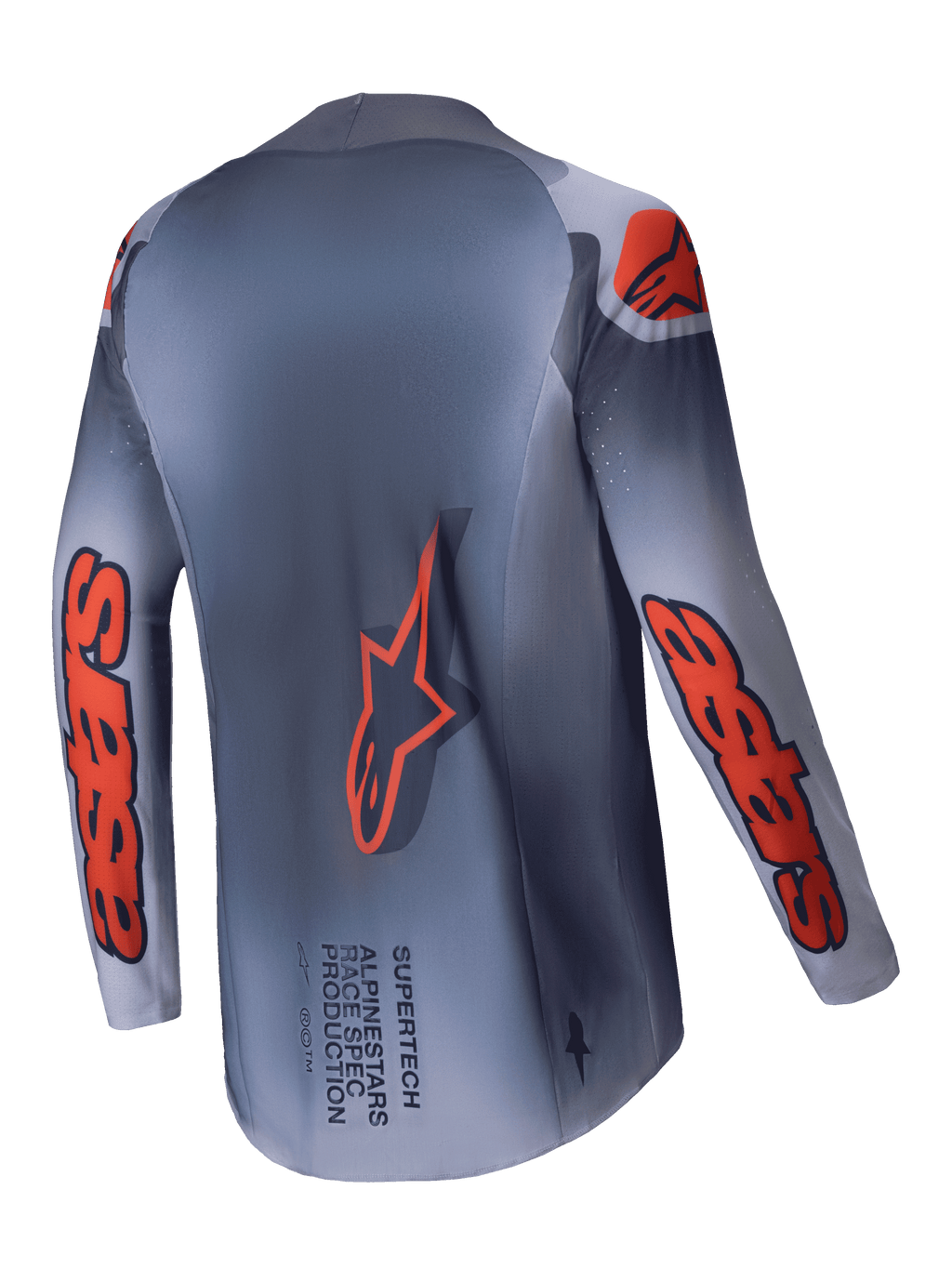 Alpinestars Supertech Lipan Jersey 2025, heren motocrossracing jersey, grijs en fluorescerend oranje, achterkant met verlengd achterpand en brandingdetails